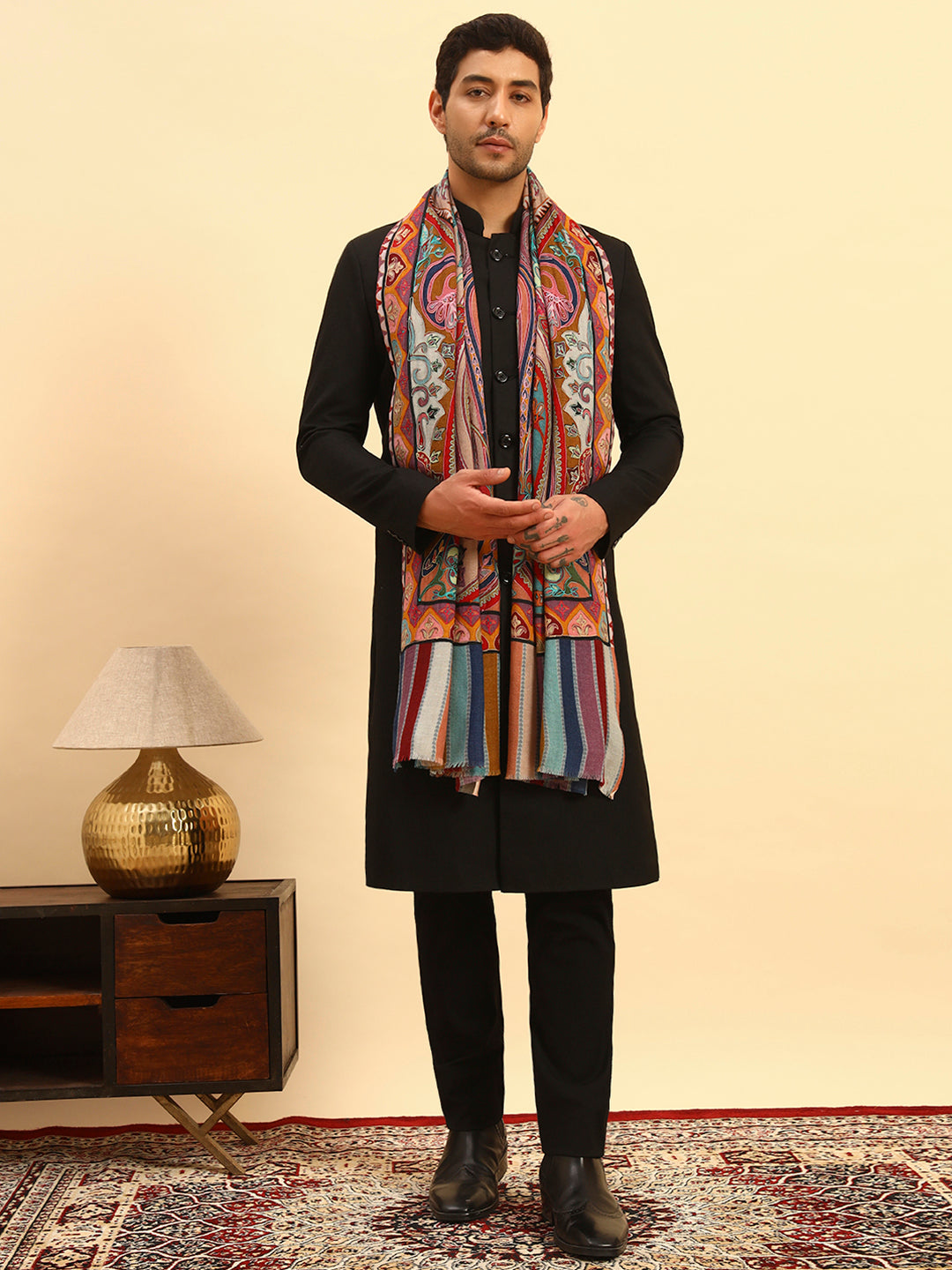 Pashmoda Men Rangdil 100% Pure Wool Fabric Kalamkari Embroidered Stole (Size-28:71x203cm)