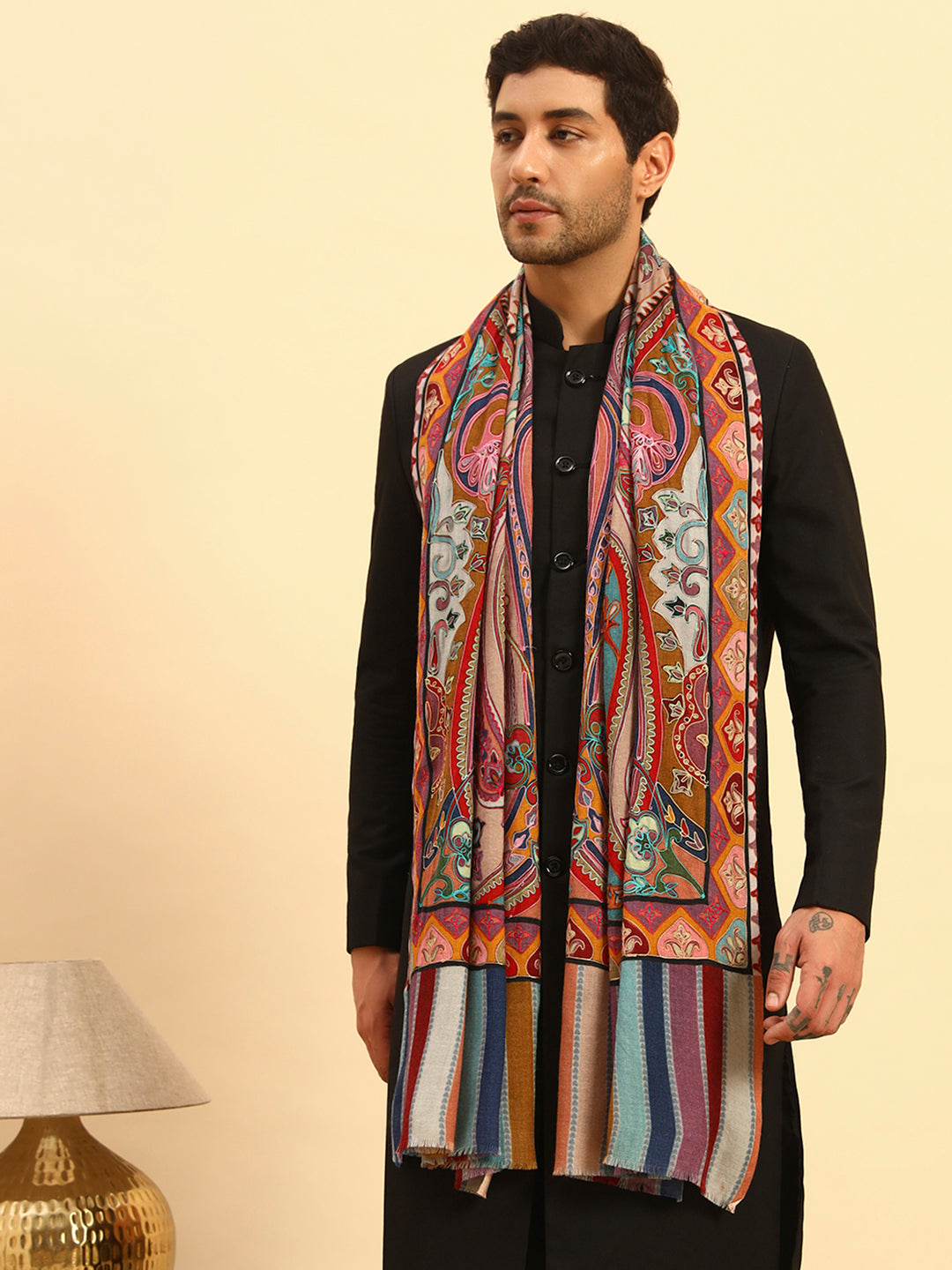 Pashmoda Men Rangdil 100% Pure Wool Fabric Kalamkari Embroidered Stole (Size-28:71x203cm)