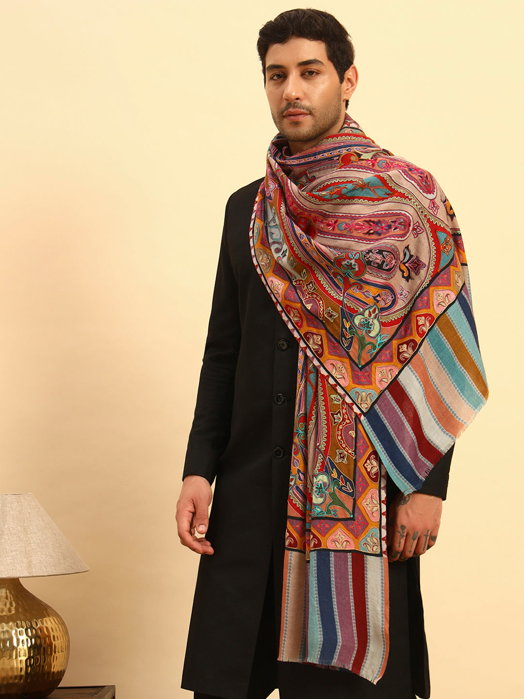 Pashmoda Men Rangdil 100% Pure Wool Fabric Kalamkari Embroidered Stole (Size-28:71x203cm)