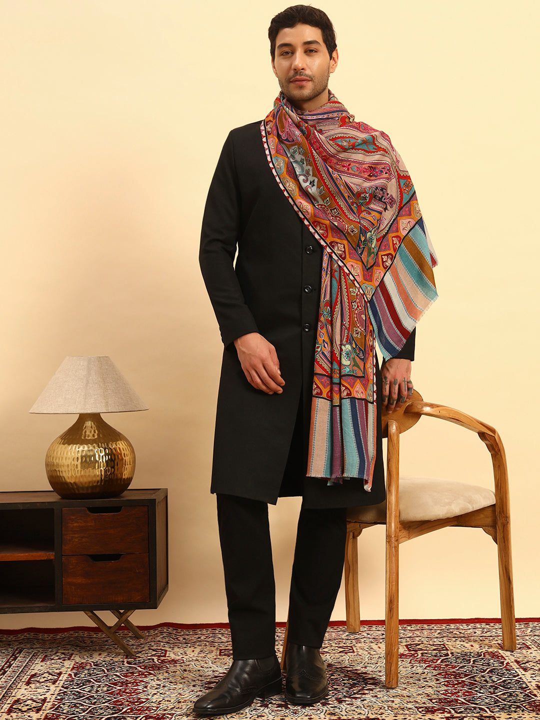 Pashmoda Men Rangdil 100% Pure Wool Fabric Kalamkari Embroidered Stole (Size-28:71x203cm)