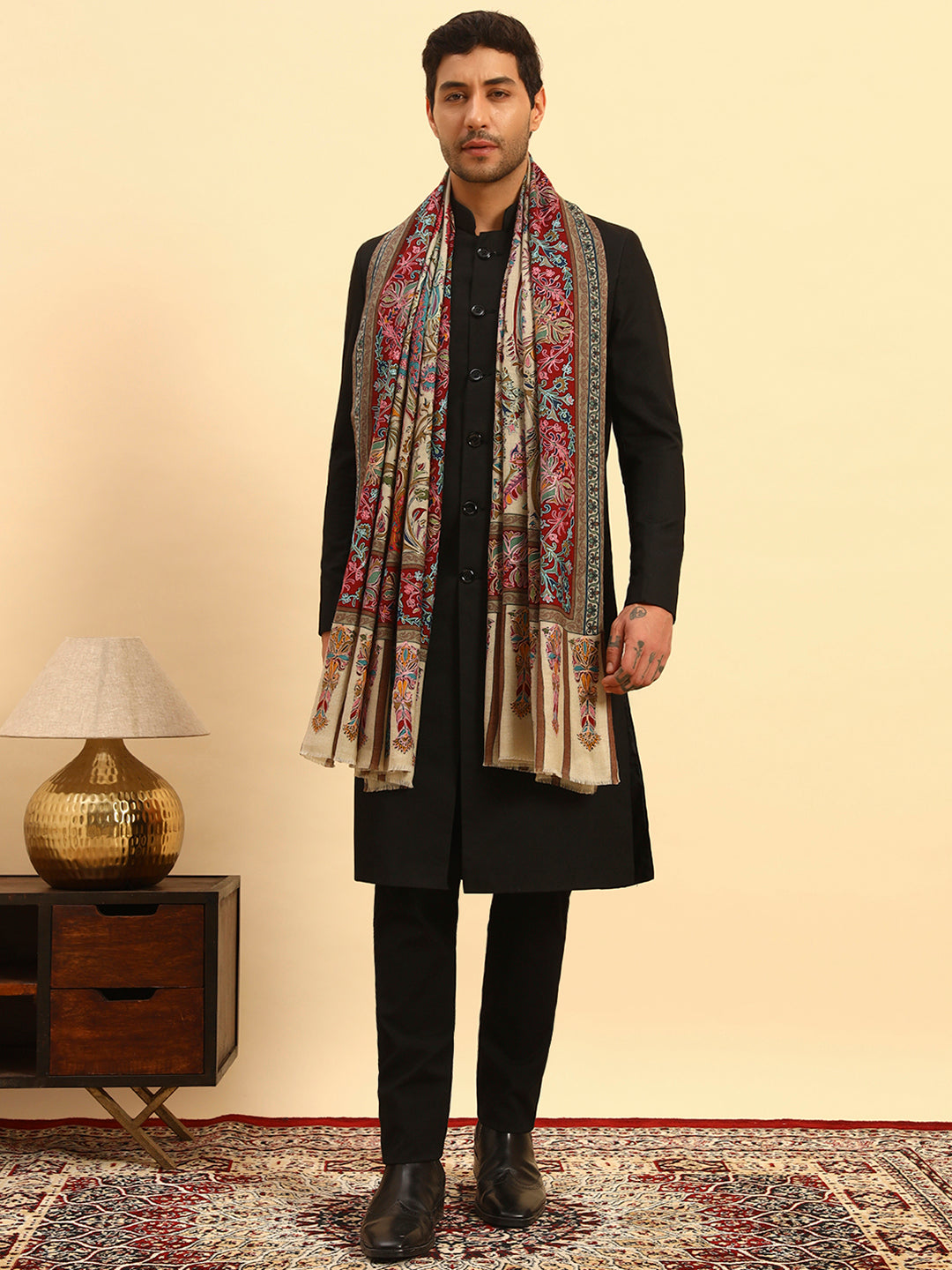 Pashmoda Men Rangkalam 100% Pure Wool Fabric Kalamkari Embroidered Shawl (Size: 101x203 CM)