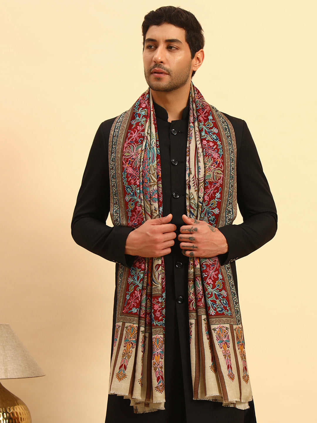 Pashmoda Men Rangkalam 100% Pure Wool Fabric Kalamkari Embroidered Shawl (Size: 101x203 CM)