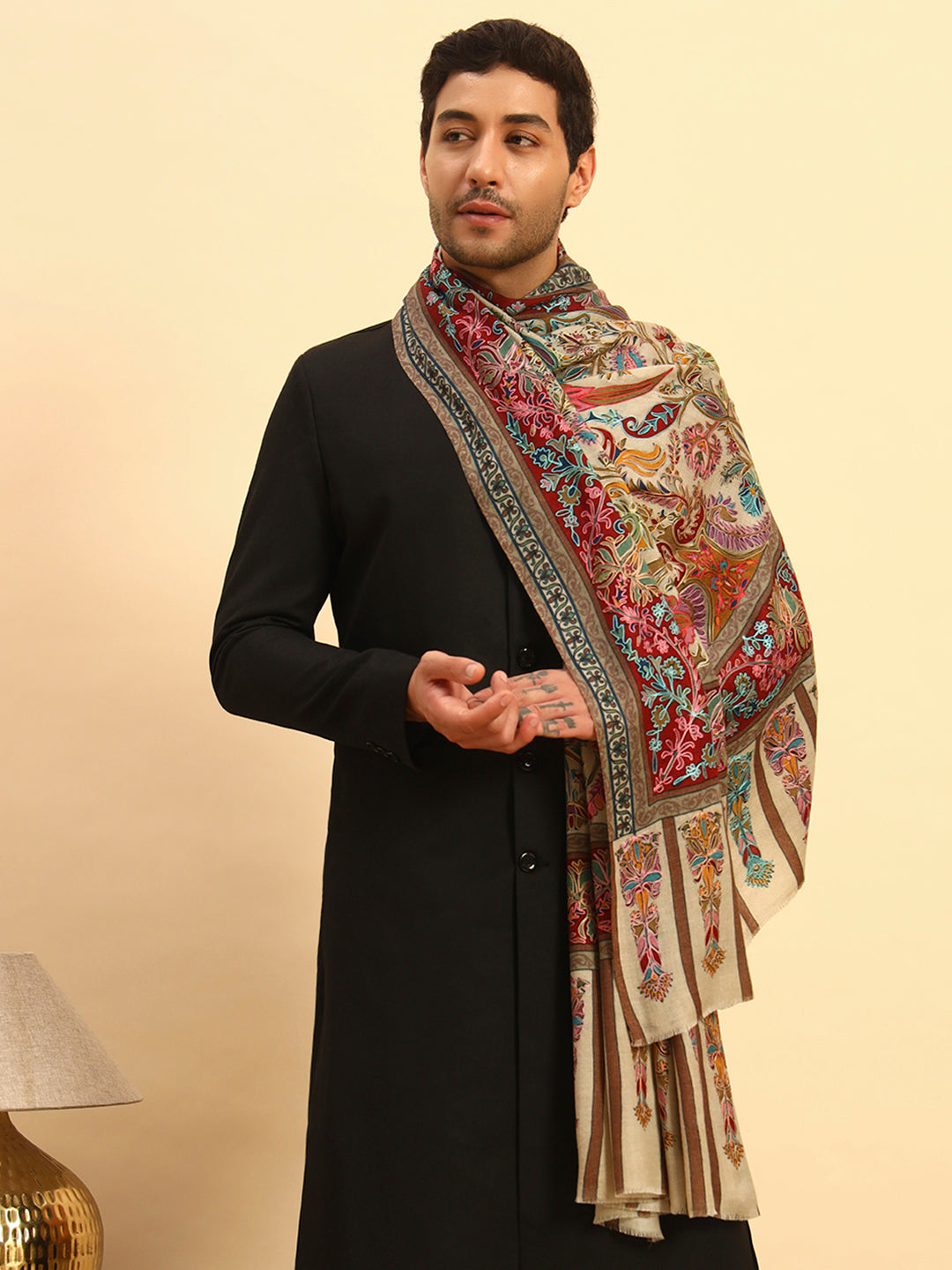 Pashmoda Men Rangkalam 100% Pure Wool Fabric Kalamkari Embroidered Shawl (Size: 101x203 CM)