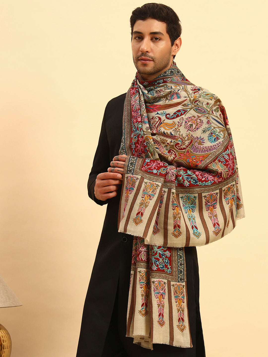 Pashmoda Men Rangkalam 100% Pure Wool Fabric Kalamkari Embroidered Shawl (Size: 101x203 CM)