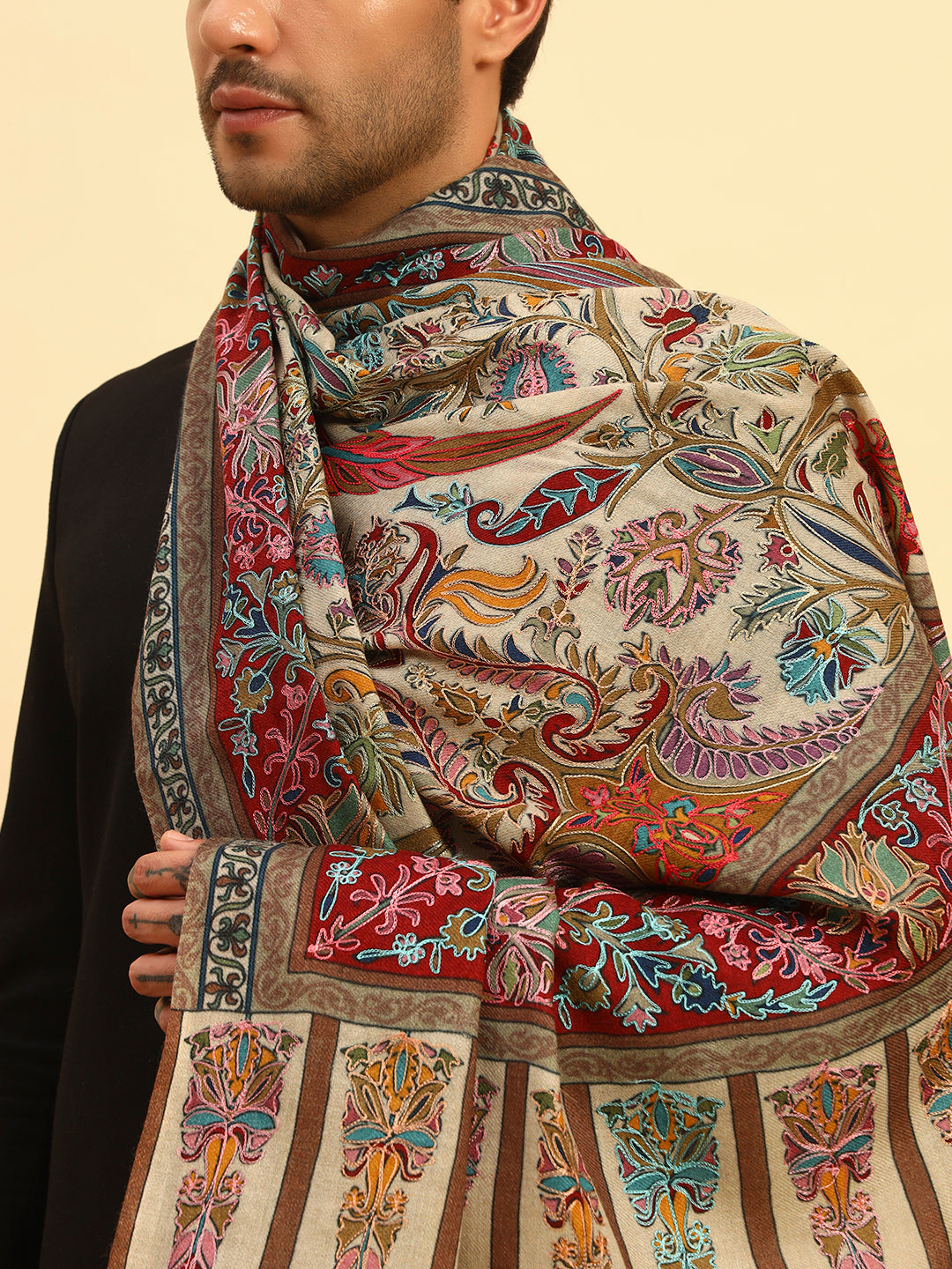 Pashmoda Men Rangkalam 100% Pure Wool Fabric Kalamkari Embroidered Shawl (Size: 101x203 CM)