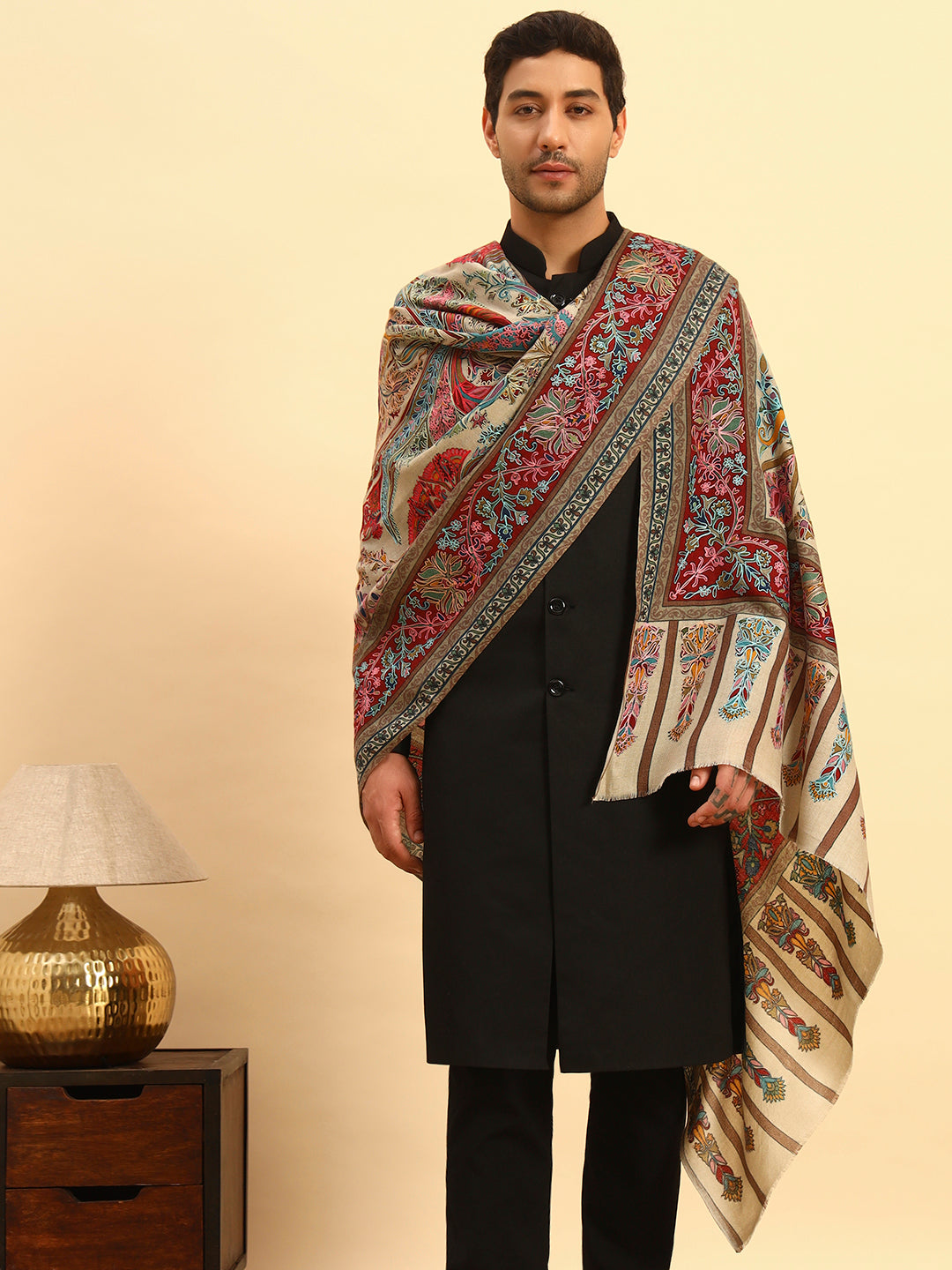 Pashmoda Men Rangkalam 100% Pure Wool Fabric Kalamkari Embroidered Shawl (Size: 101x203 CM)