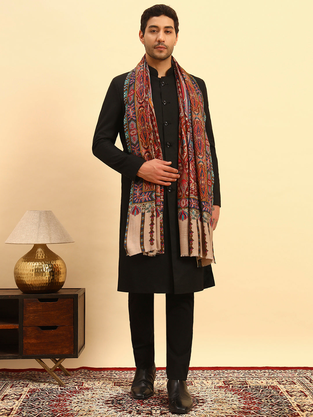 Pashmoda Men Rangrez Rangkalam 100% Pure Wool Fabric Kalamkari Embroidered Shawl (Size: 101x203 CM)