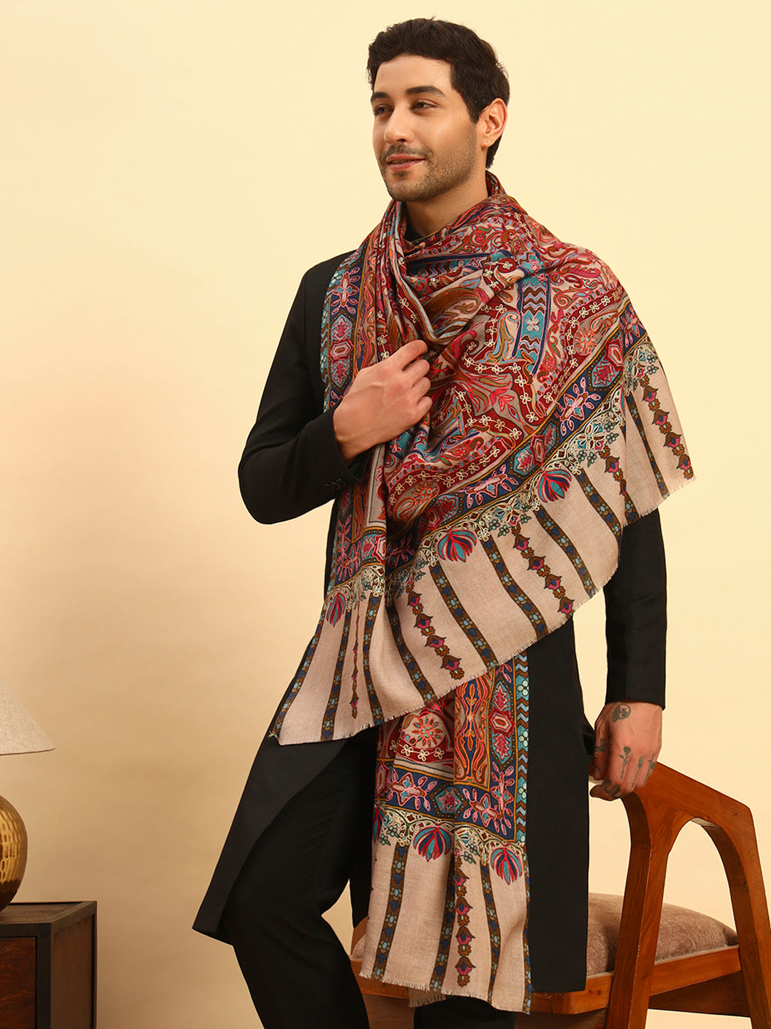 Pashmoda Men Rangrez Rangkalam 100% Pure Wool Fabric Kalamkari Embroidered Shawl (Size: 101x203 CM)