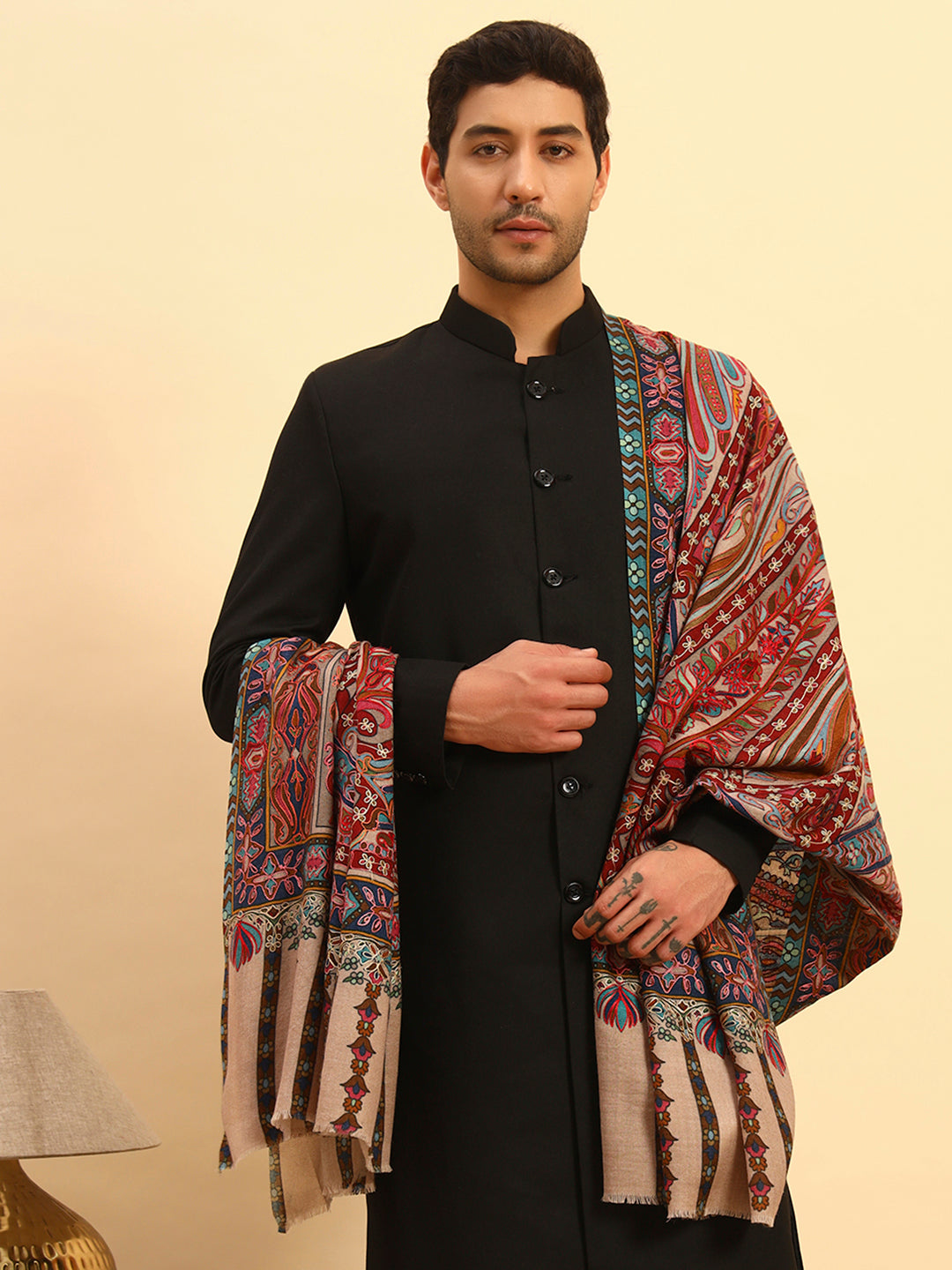 Pashmoda Men Rangrez Rangkalam 100% Pure Wool Fabric Kalamkari Embroidered Shawl (Size: 101x203 CM)