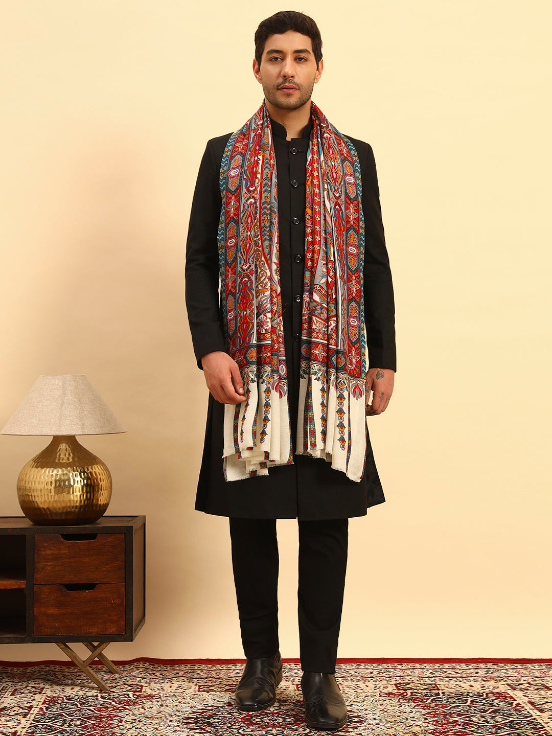 Pashmoda Men Rangrez Rangkalam 100% Pure Wool Fabric Kalamkari Embroidered Shawl (Size: 101x203 CM)