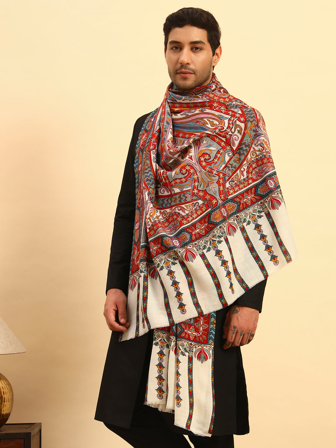 Pashmoda Men Rangrez Rangkalam 100% Pure Wool Fabric Kalamkari Embroidered Shawl (Size: 101x203 CM)