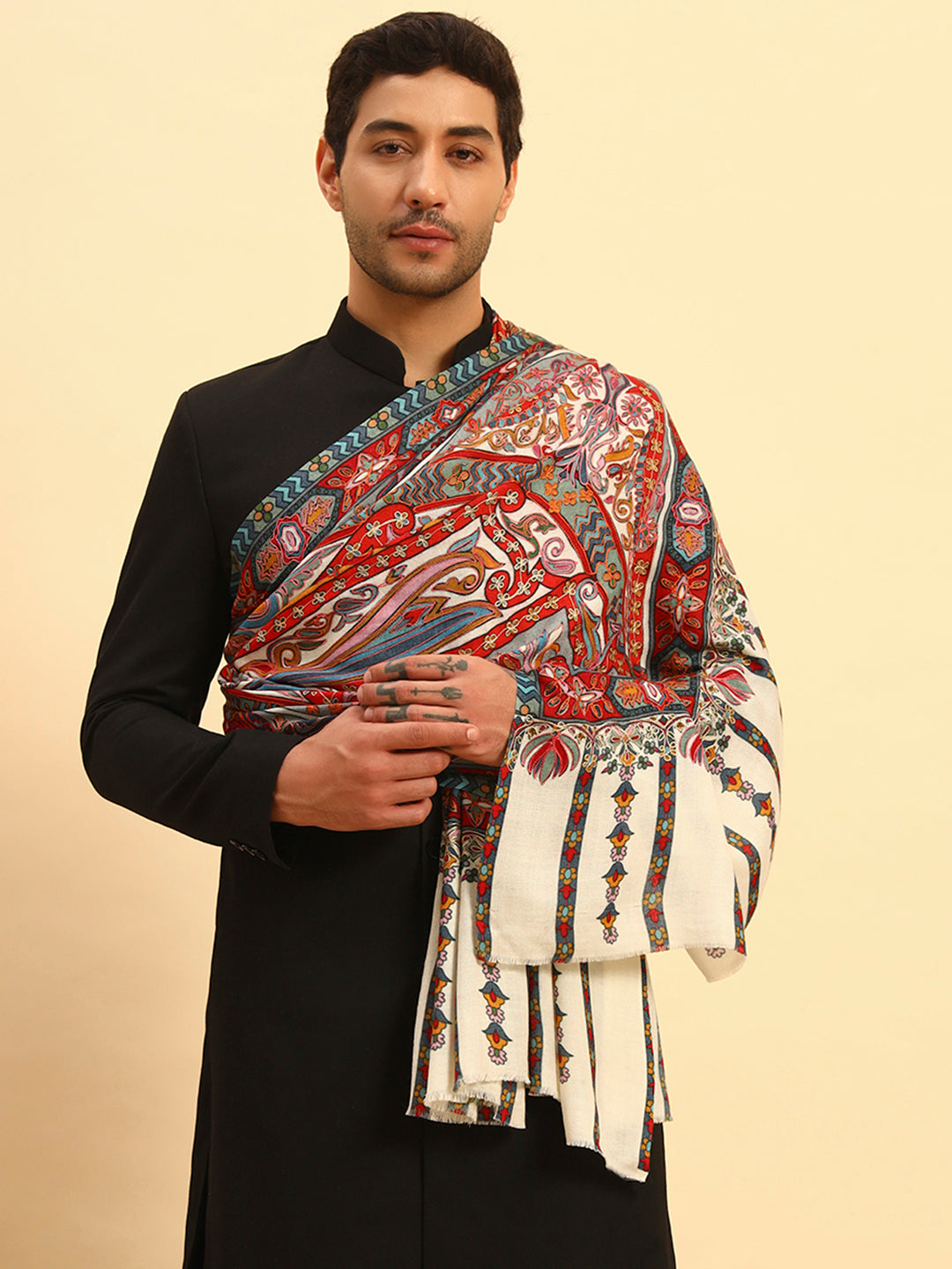 Pashmoda Men Rangrez Rangkalam 100% Pure Wool Fabric Kalamkari Embroidered Shawl (Size: 101x203 CM)