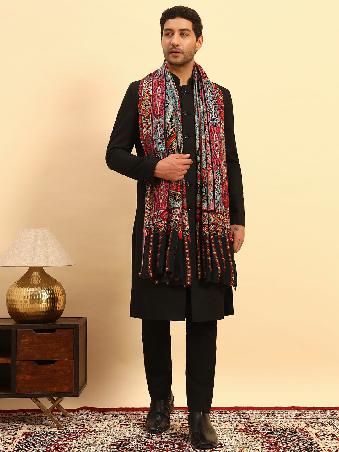 Pashmoda Men Rangrez Rangkalam 100% Pure Wool Fabric Kalamkari Embroidered Shawl (Size: 101x203 CM)