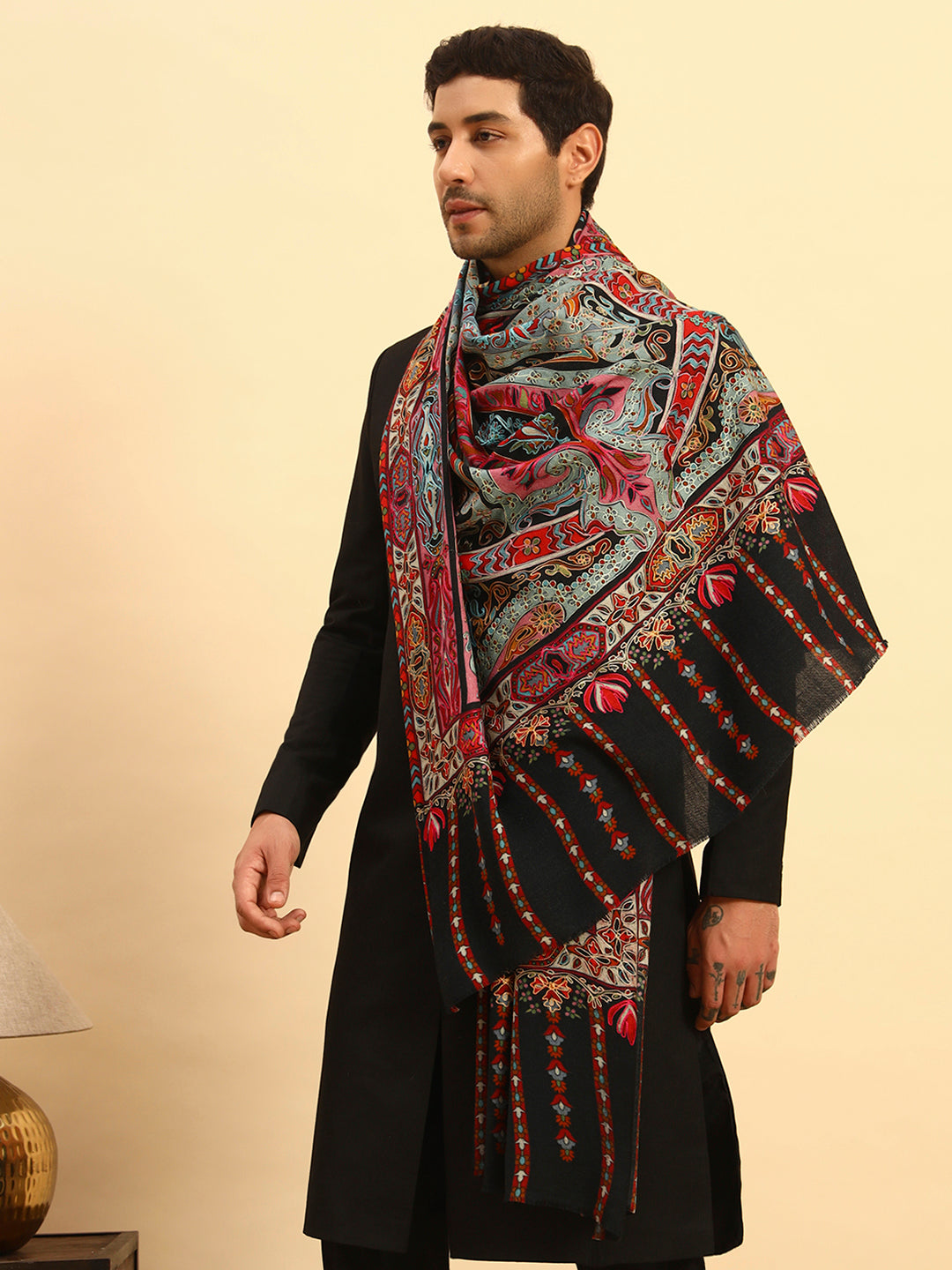 Pashmoda Men Rangrez Rangkalam 100% Pure Wool Fabric Kalamkari Embroidered Shawl (Size: 101x203 CM)