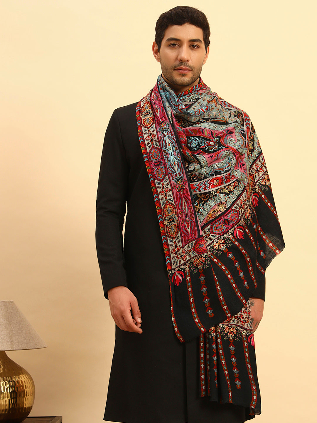 Pashmoda Men Rangrez Rangkalam 100% Pure Wool Fabric Kalamkari Embroidered Shawl (Size: 101x203 CM)