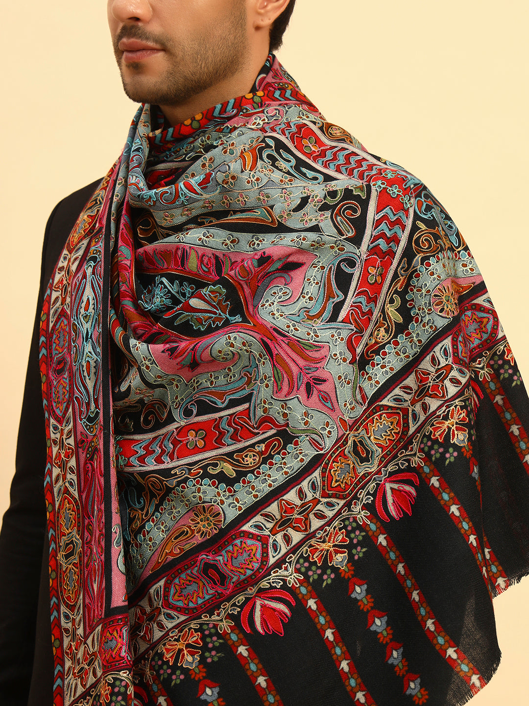 Pashmoda Men Rangrez Rangkalam 100% Pure Wool Fabric Kalamkari Embroidered Shawl (Size: 101x203 CM)