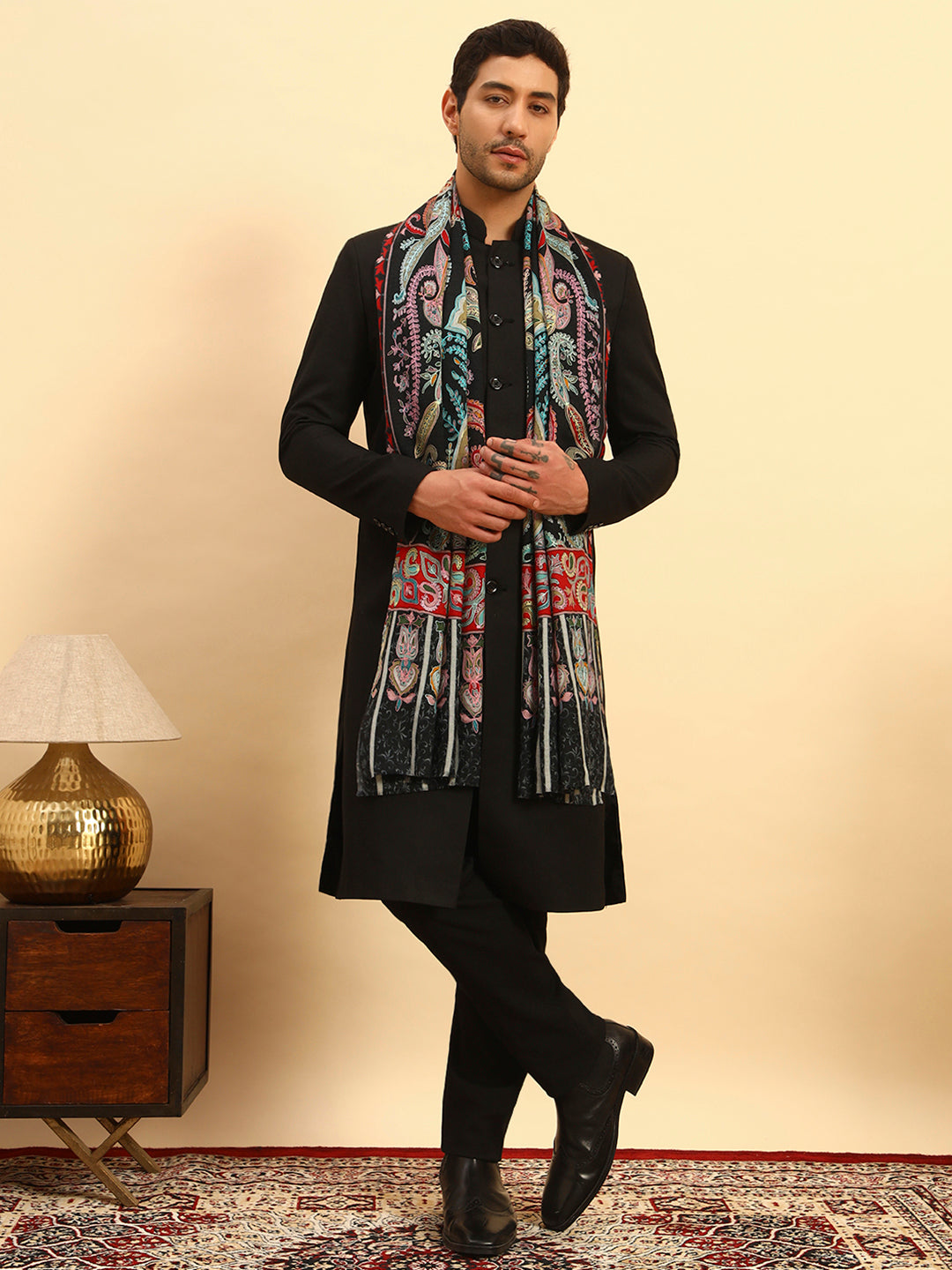 Pashmoda Men Saahtaar 100% Pure Wool Fabric Kalamkari Embroidered Stole (Size:71x203cm)