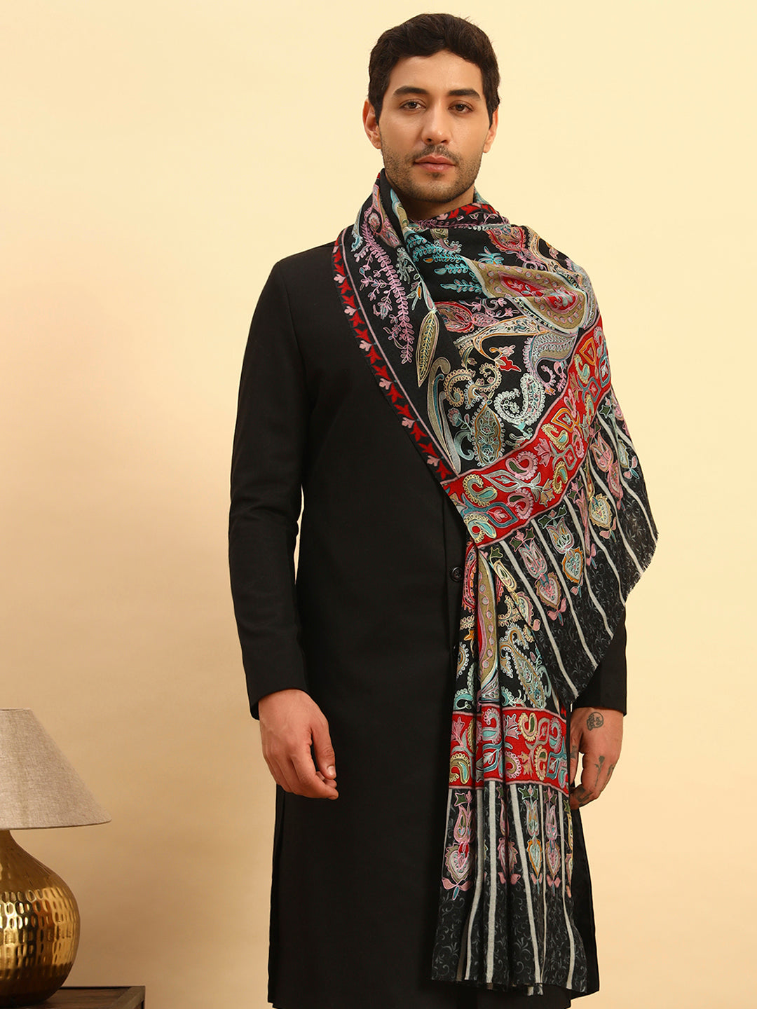 Pashmoda Men Saahtaar 100% Pure Wool Fabric Kalamkari Embroidered Stole (Size:71x203cm)
