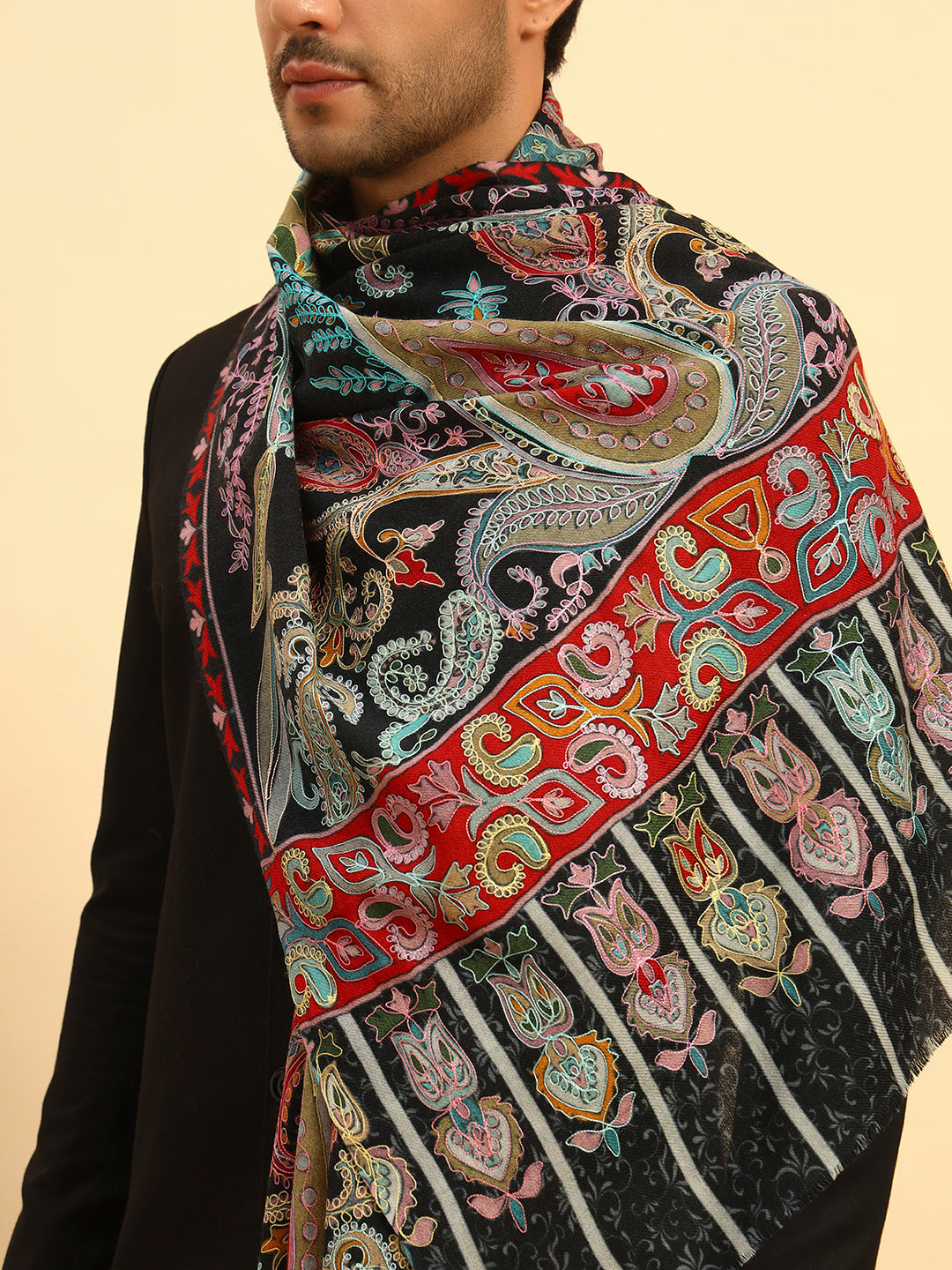 Pashmoda Men Saahtaar 100% Pure Wool Fabric Kalamkari Embroidered Stole (Size:71x203cm)