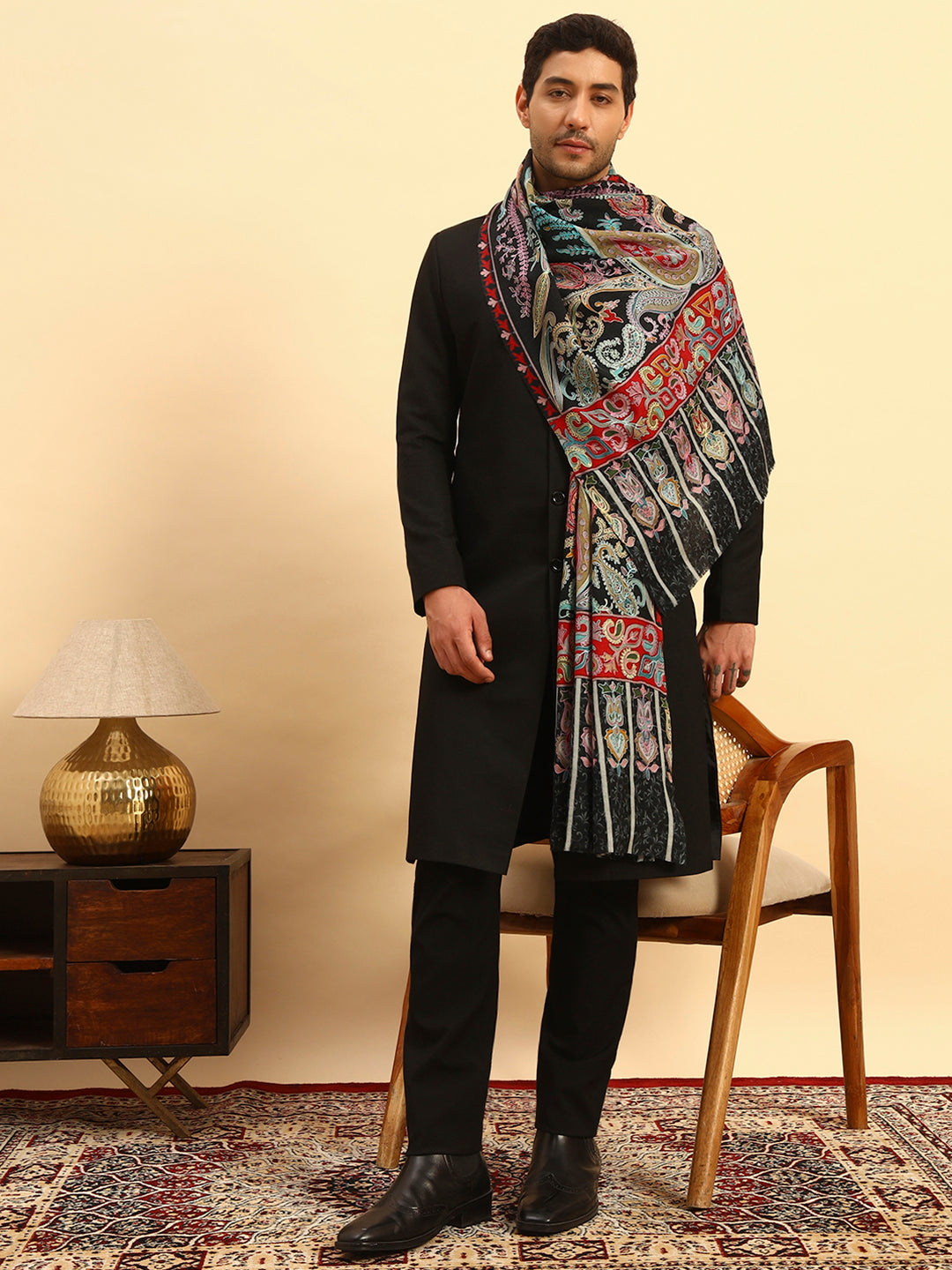 Pashmoda Men Saahtaar 100% Pure Wool Fabric Kalamkari Embroidered Stole (Size:71x203cm)