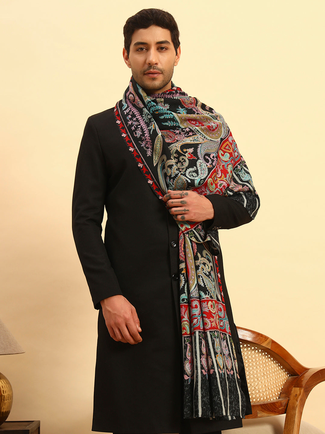 Pashmoda Men Saahtaar 100% Pure Wool Fabric Kalamkari Embroidered Stole (Size:71x203cm)