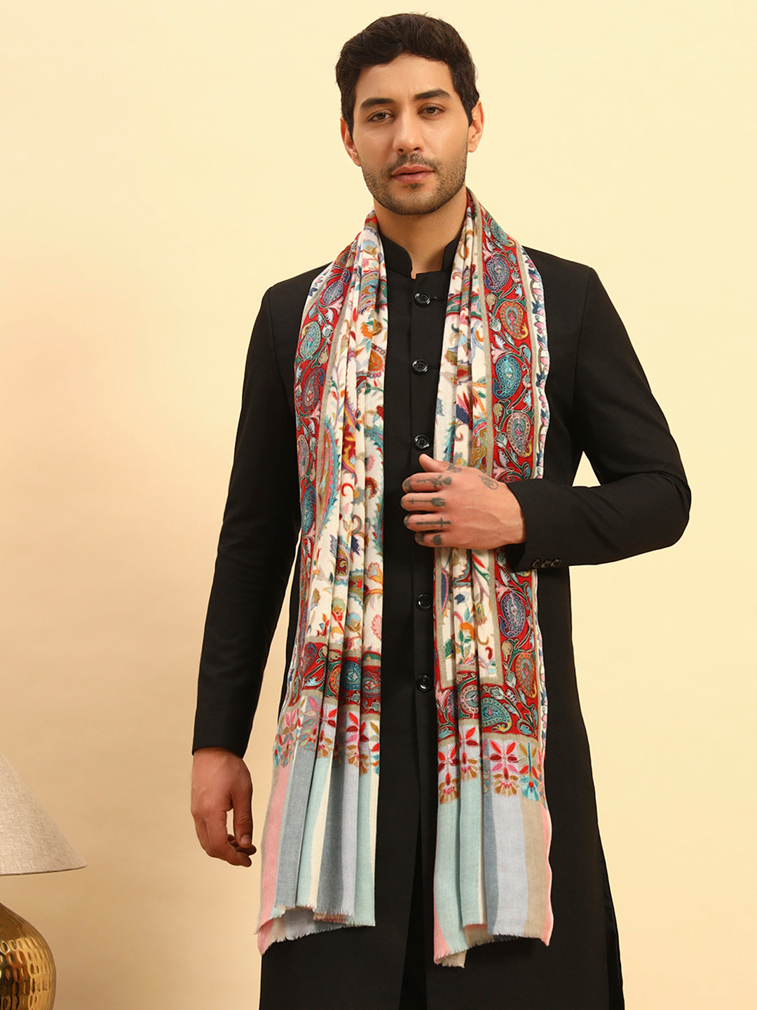 Pashmoda Men Floral Whispers 100% Pure Wool Fabric Kalamkari Embroidered Stole (Size:71x203cm)