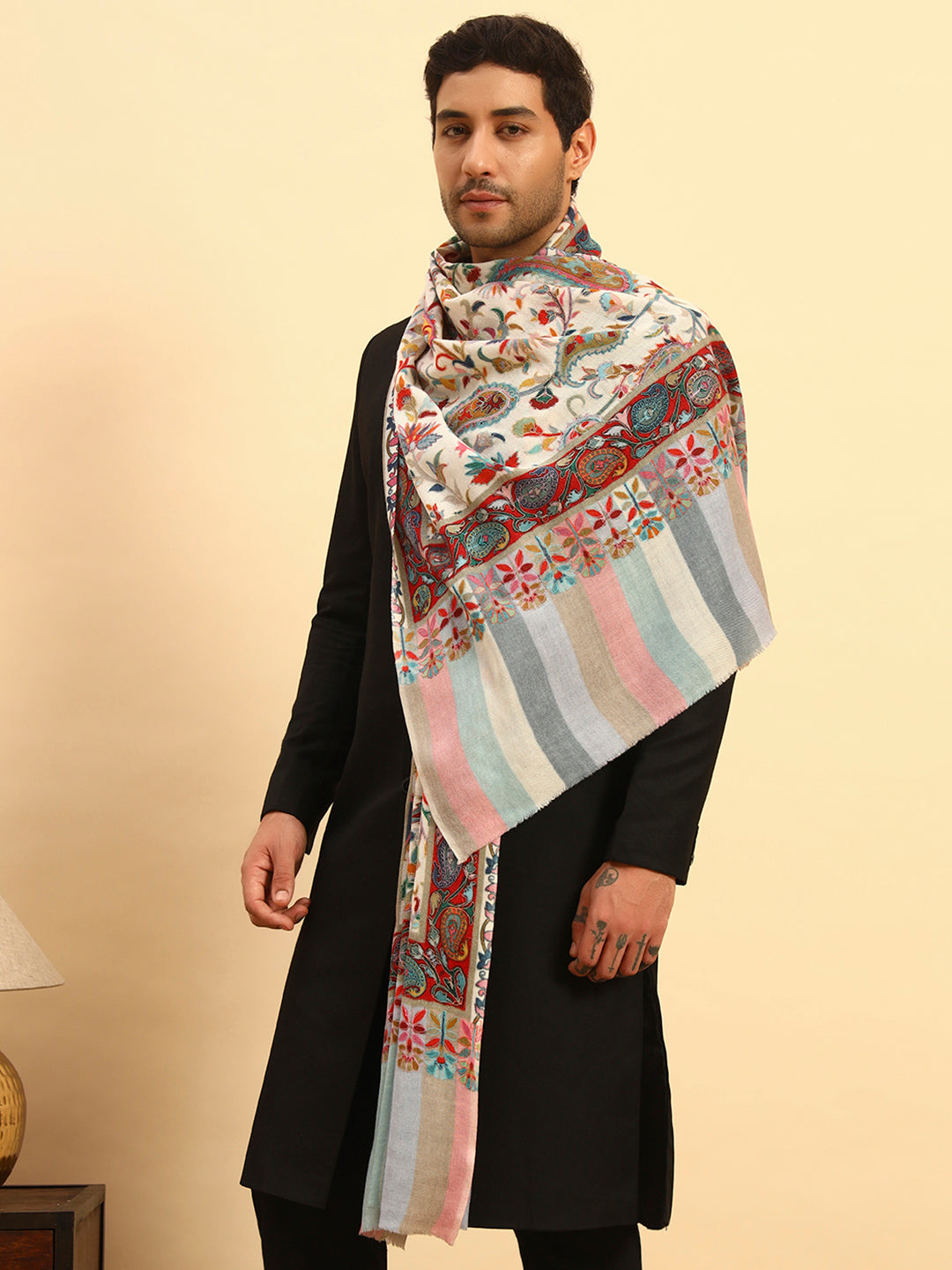 Pashmoda Men Floral Whispers 100% Pure Wool Fabric Kalamkari Embroidered Stole (Size:71x203cm)