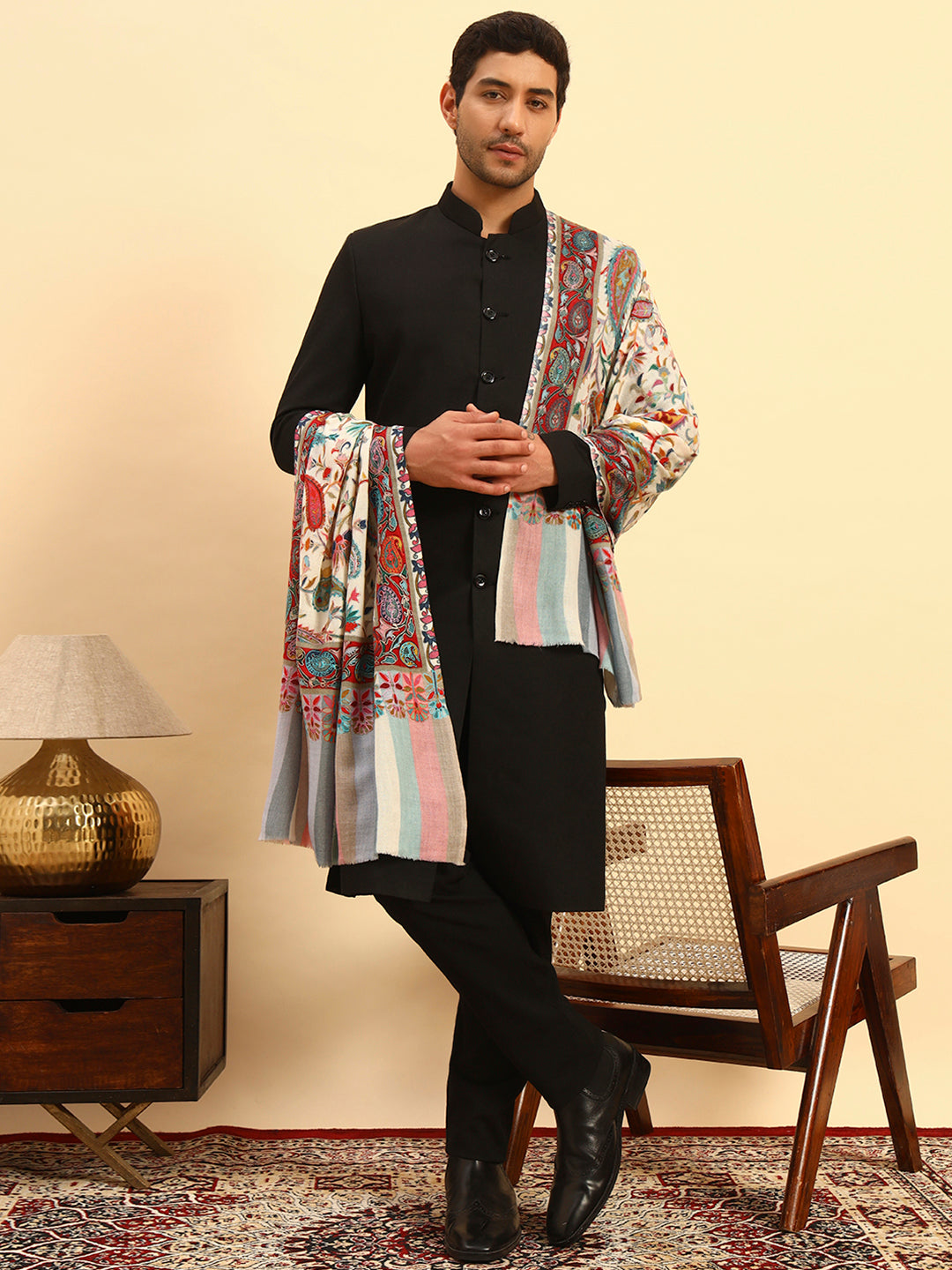 Pashmoda Men Floral Whispers 100% Pure Wool Fabric Kalamkari Embroidered Stole (Size:71x203cm)