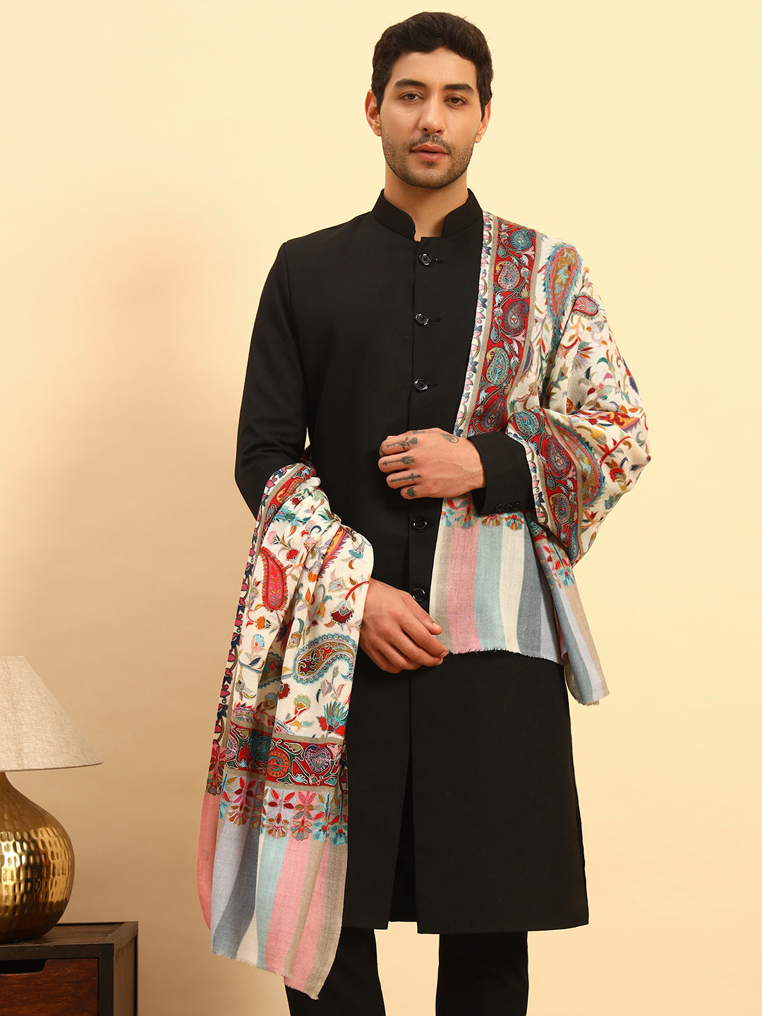 Pashmoda Men Floral Whispers 100% Pure Wool Fabric Kalamkari Embroidered Stole (Size:71x203cm)