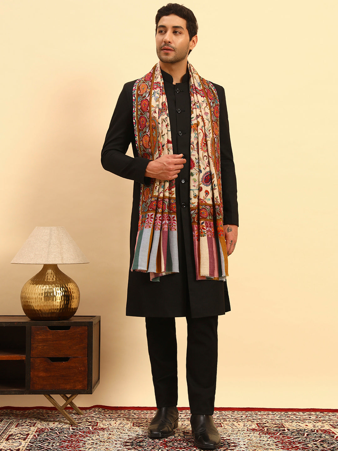 Pashmoda Men Floral Whispers 100% Pure Wool Fabric Kalamkari Embroidered Stole (Size:71x203cm)