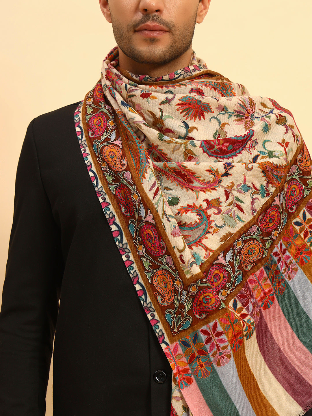 Pashmoda Men Floral Whispers 100% Pure Wool Fabric Kalamkari Embroidered Stole (Size:71x203cm)