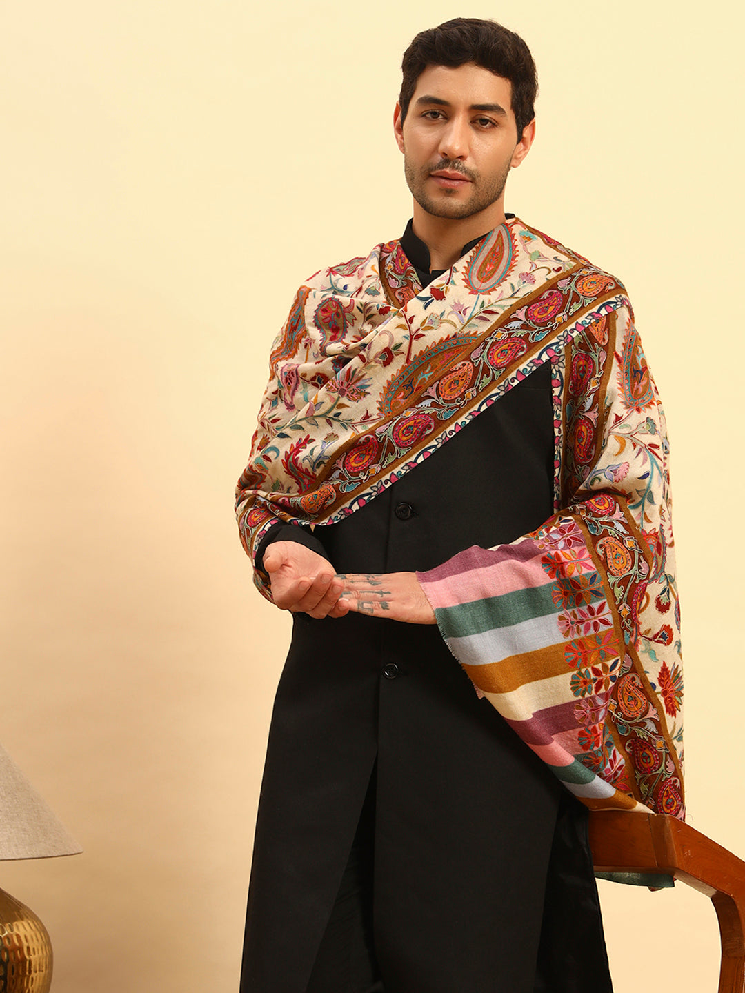 Pashmoda Men Floral Whispers 100% Pure Wool Fabric Kalamkari Embroidered Stole (Size:71x203cm)