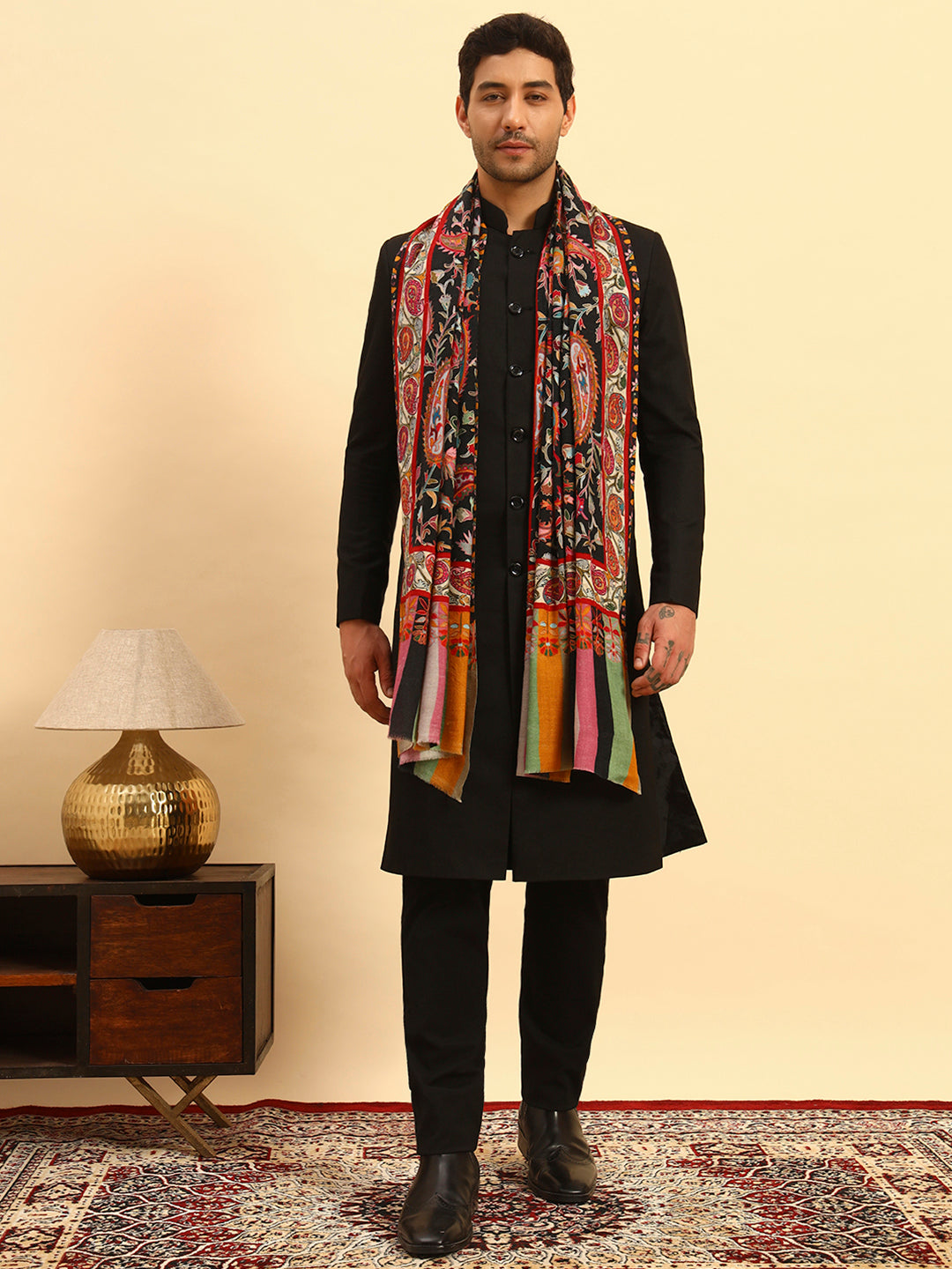 Pashmoda Men Floral Whispers 100% Pure Wool Fabric Kalamkari Embroidered Stole (Size:71x203cm)