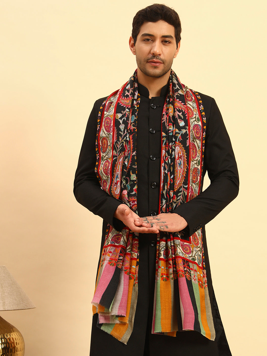 Pashmoda Men Floral Whispers 100% Pure Wool Fabric Kalamkari Embroidered Stole (Size:71x203cm)