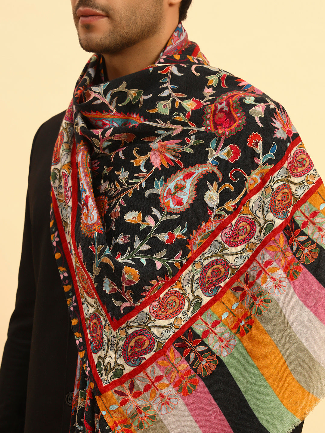 Pashmoda Men Floral Whispers 100% Pure Wool Fabric Kalamkari Embroidered Stole (Size:71x203cm)