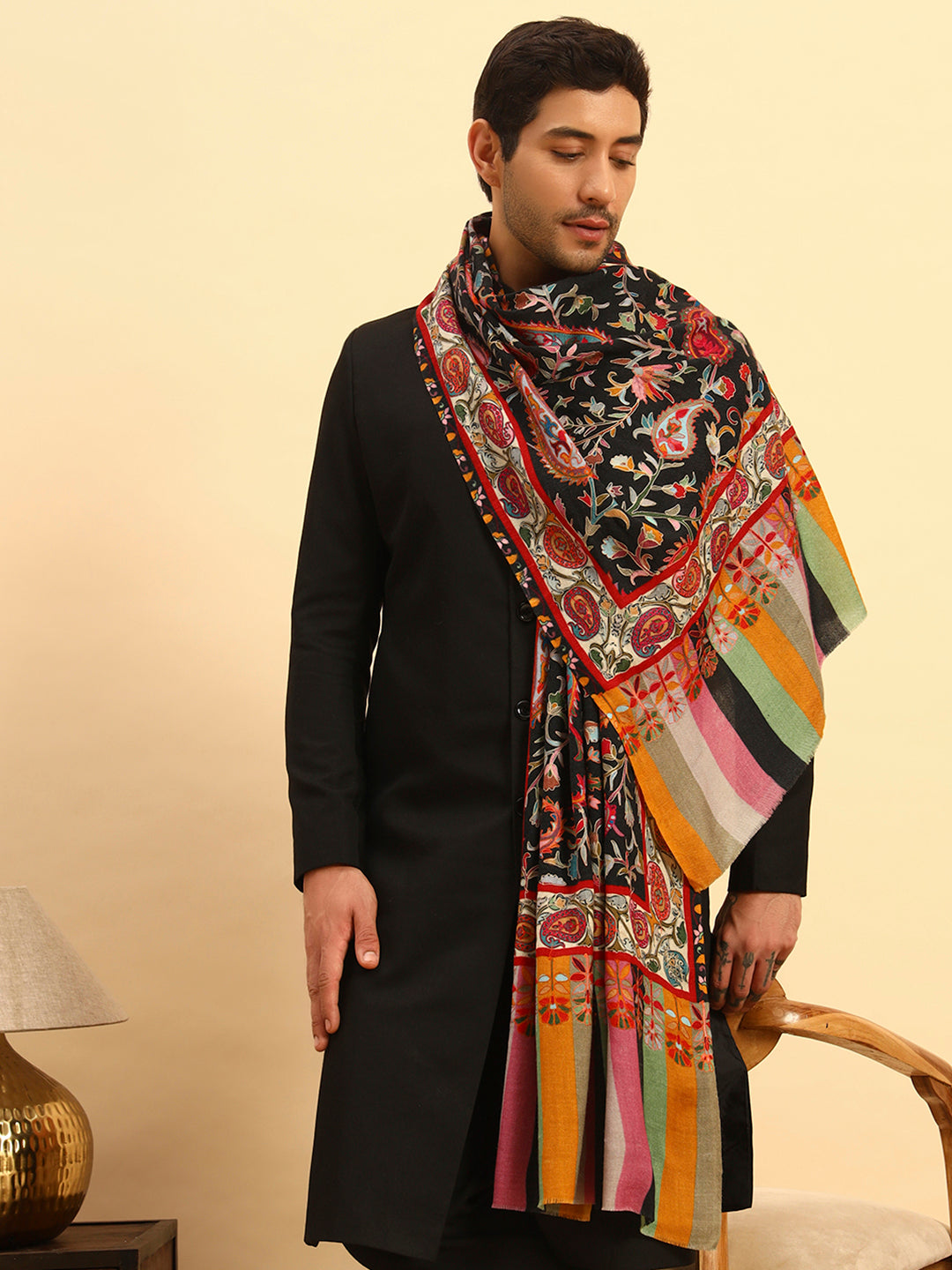 Pashmoda Men Floral Whispers 100% Pure Wool Fabric Kalamkari Embroidered Stole (Size:71x203cm)