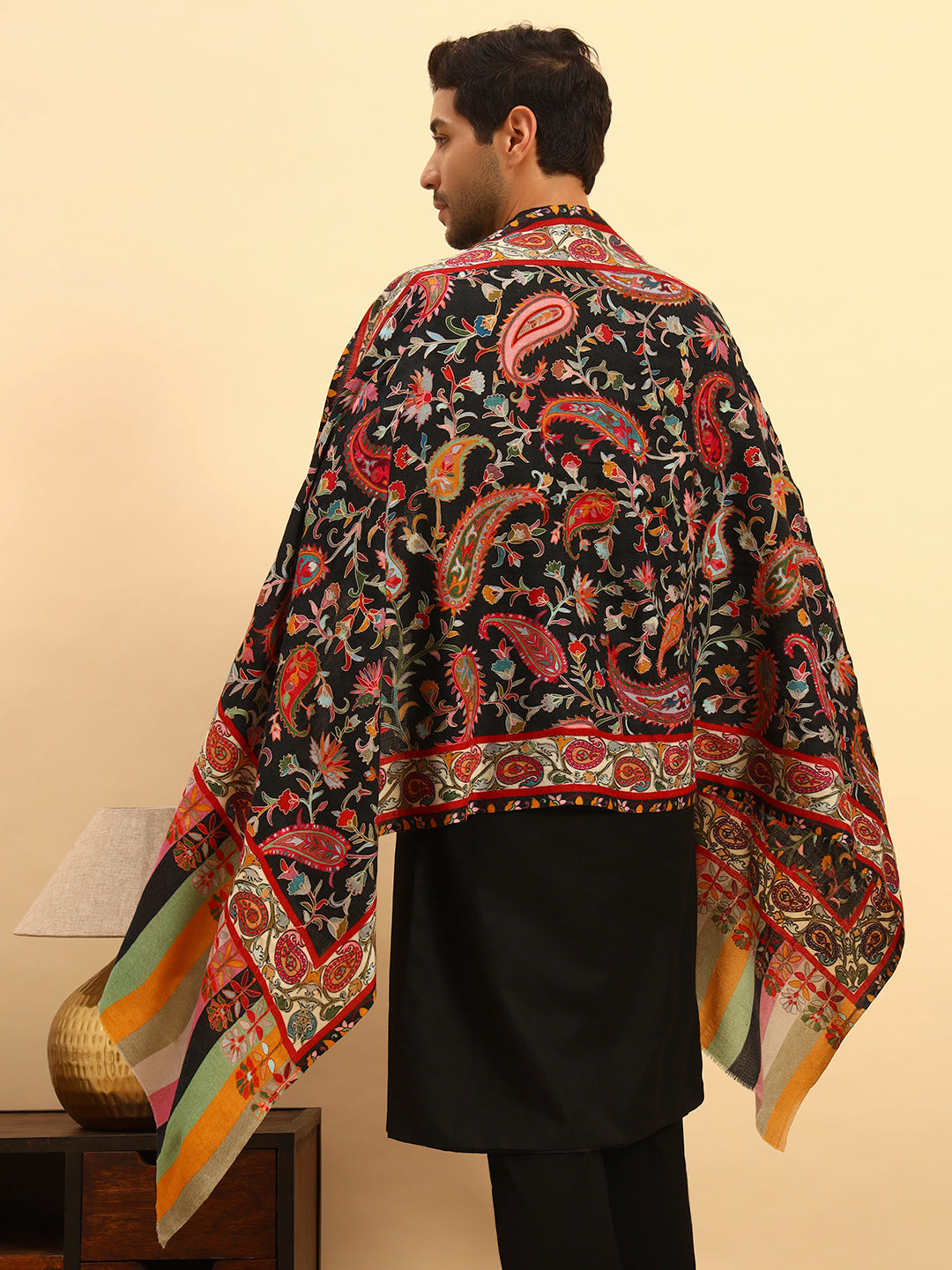 Pashmoda Men Floral Whispers 100% Pure Wool Fabric Kalamkari Embroidered Stole (Size:71x203cm)