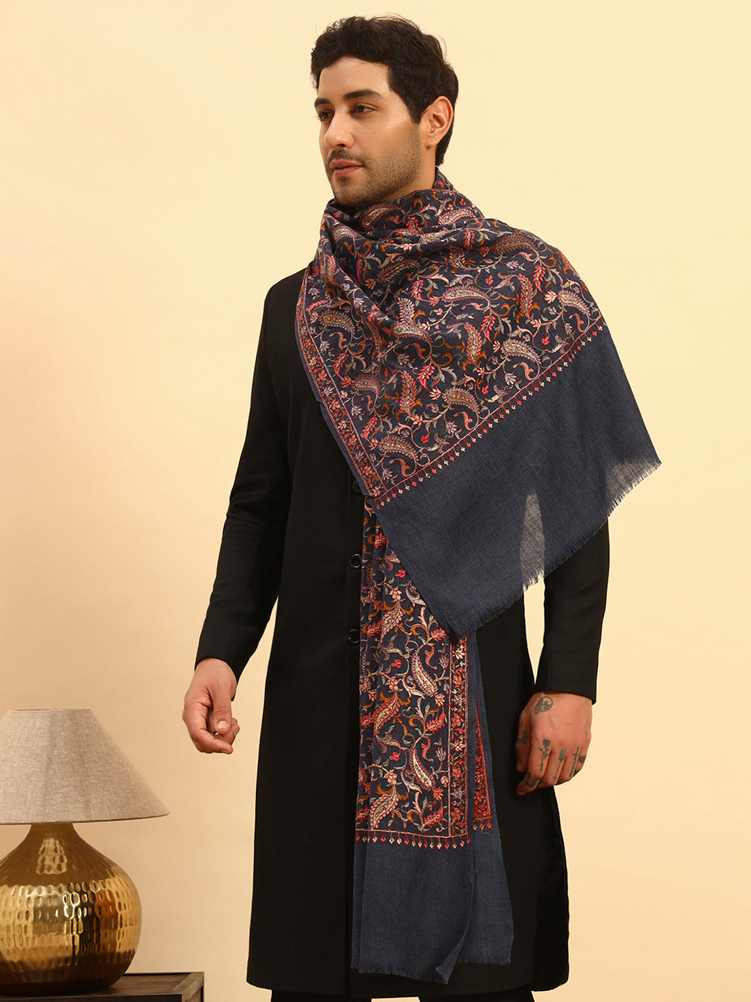 Pashmoda Men 100% Pure Wool Sozni Hand Embroidered Stole (Size-71x203cm)
