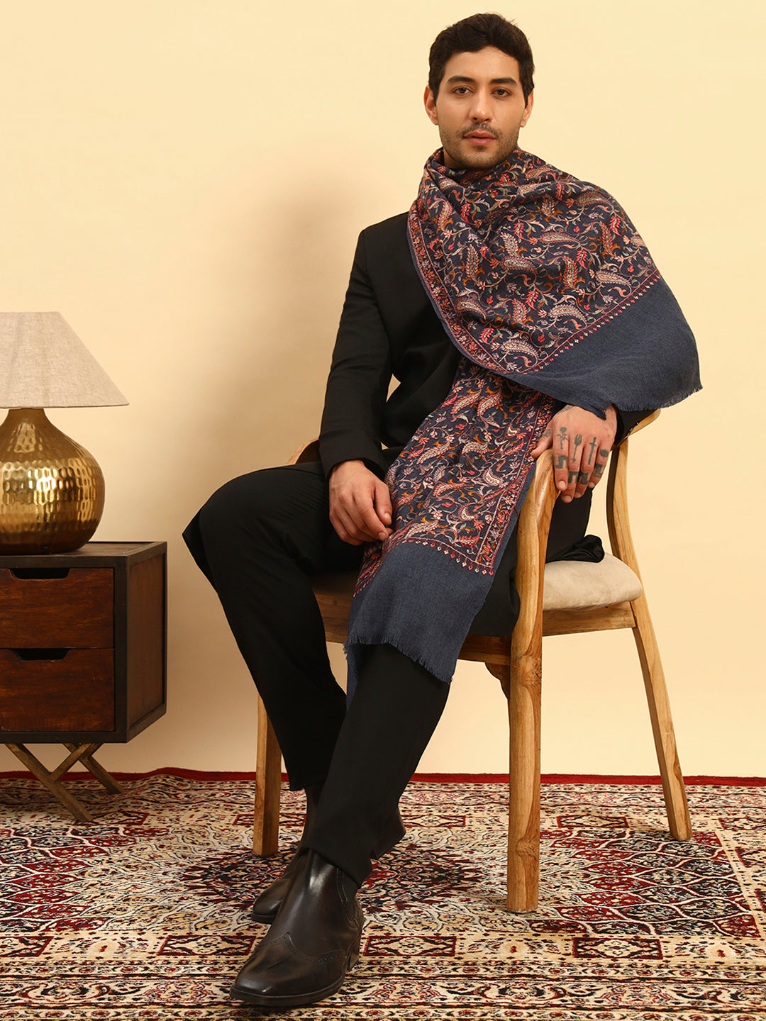 Pashmoda Men 100% Pure Wool Sozni Hand Embroidered Stole (Size-71x203cm)
