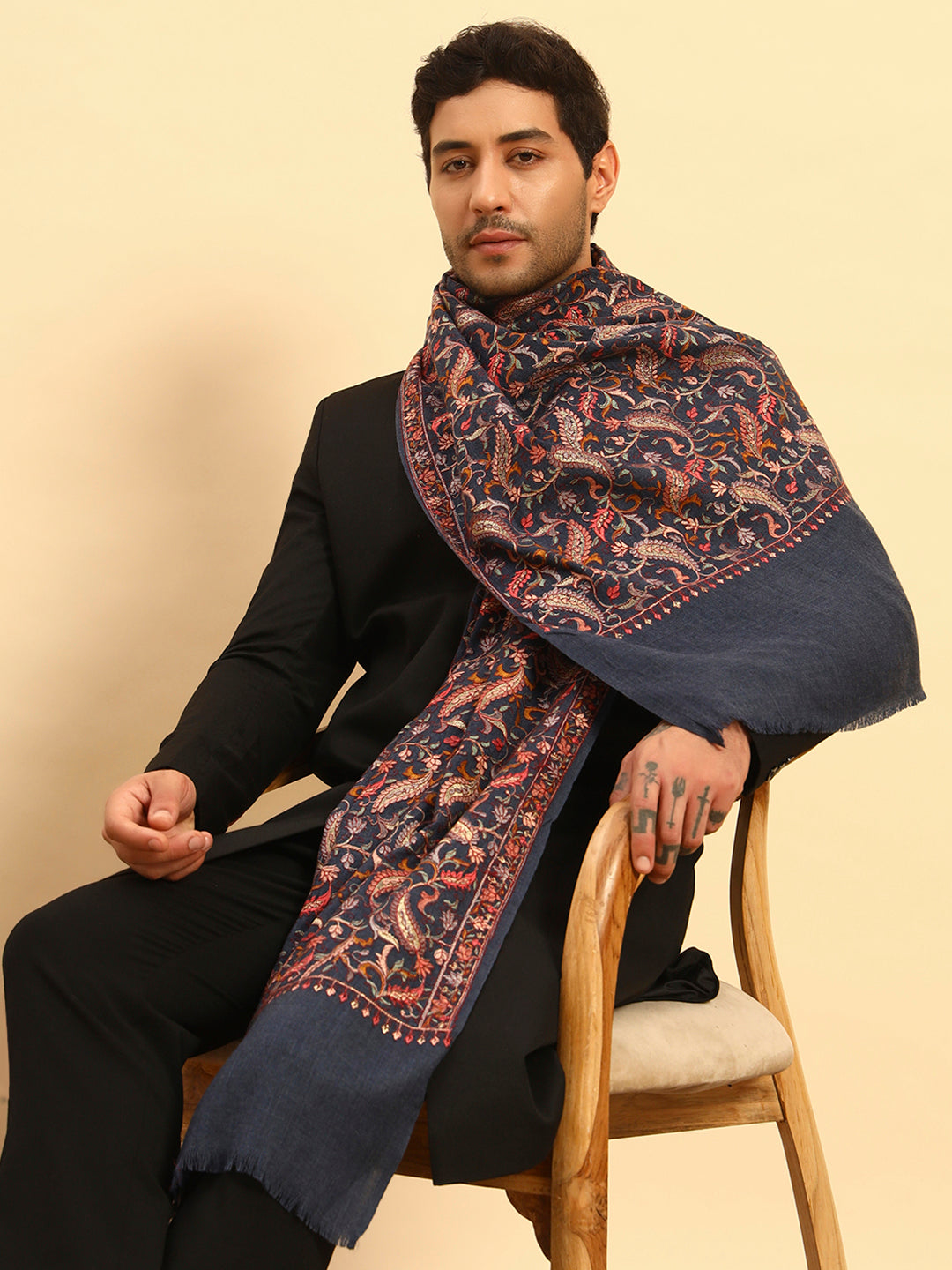 Pashmoda Men 100% Pure Wool Sozni Hand Embroidered Stole (Size-71x203cm)