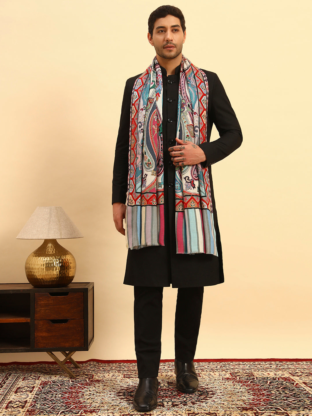 Pashmoda Men Rangdil 100% Pure Wool Fabric Kalamkari Embroidered Stole (Size:71x203cm)