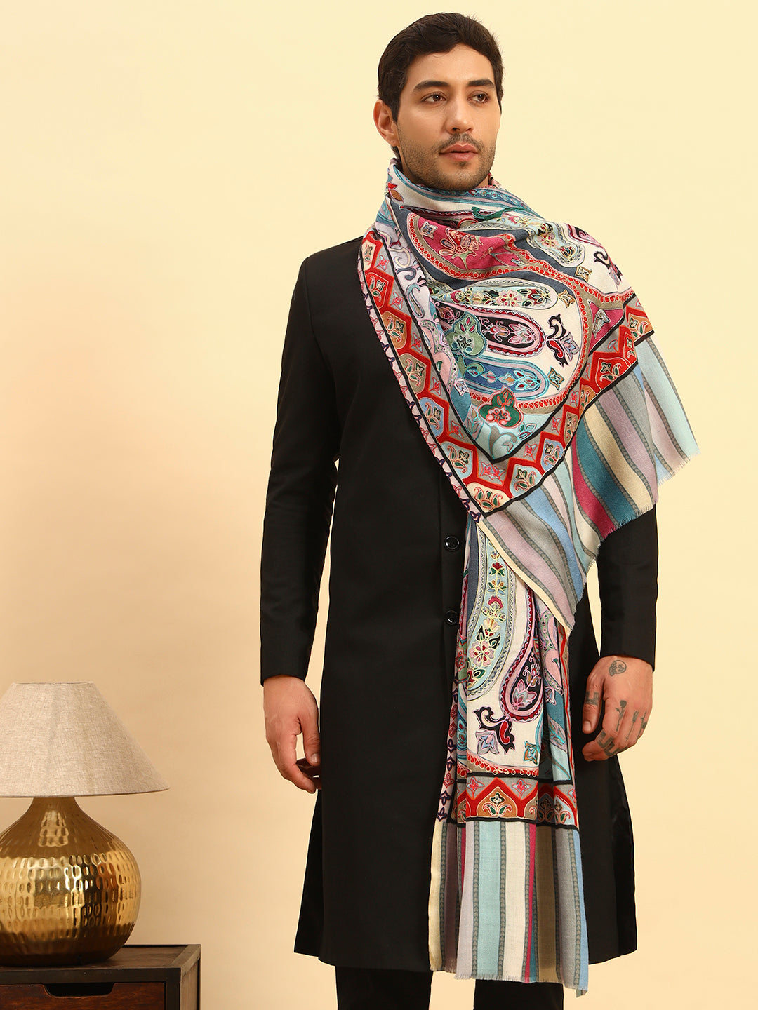 Pashmoda Men Rangdil 100% Pure Wool Fabric Kalamkari Embroidered Stole (Size:71x203cm)