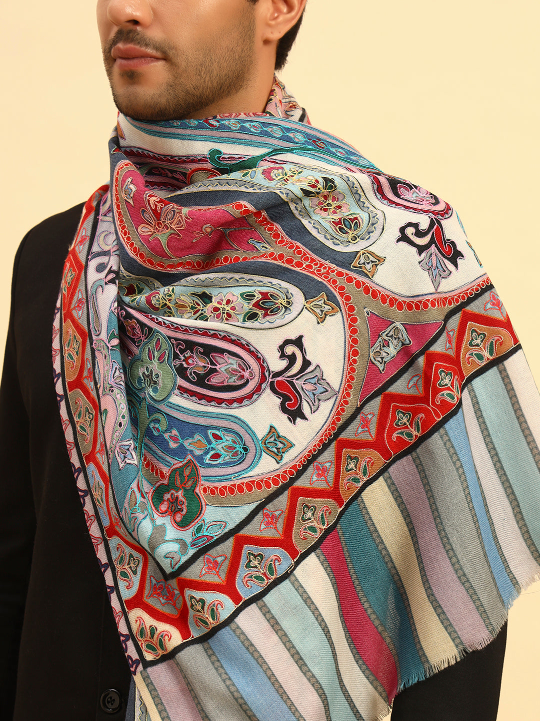 Pashmoda Men Rangdil 100% Pure Wool Fabric Kalamkari Embroidered Stole (Size:71x203cm)