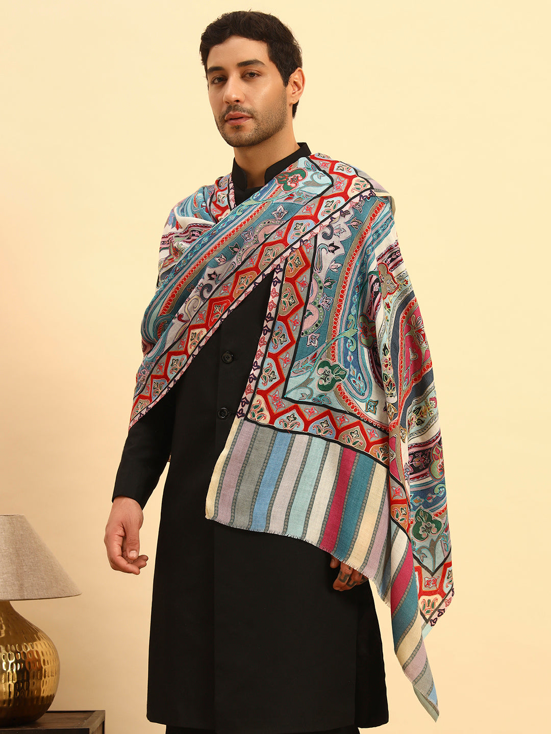 Pashmoda Men Rangdil 100% Pure Wool Fabric Kalamkari Embroidered Stole (Size:71x203cm)