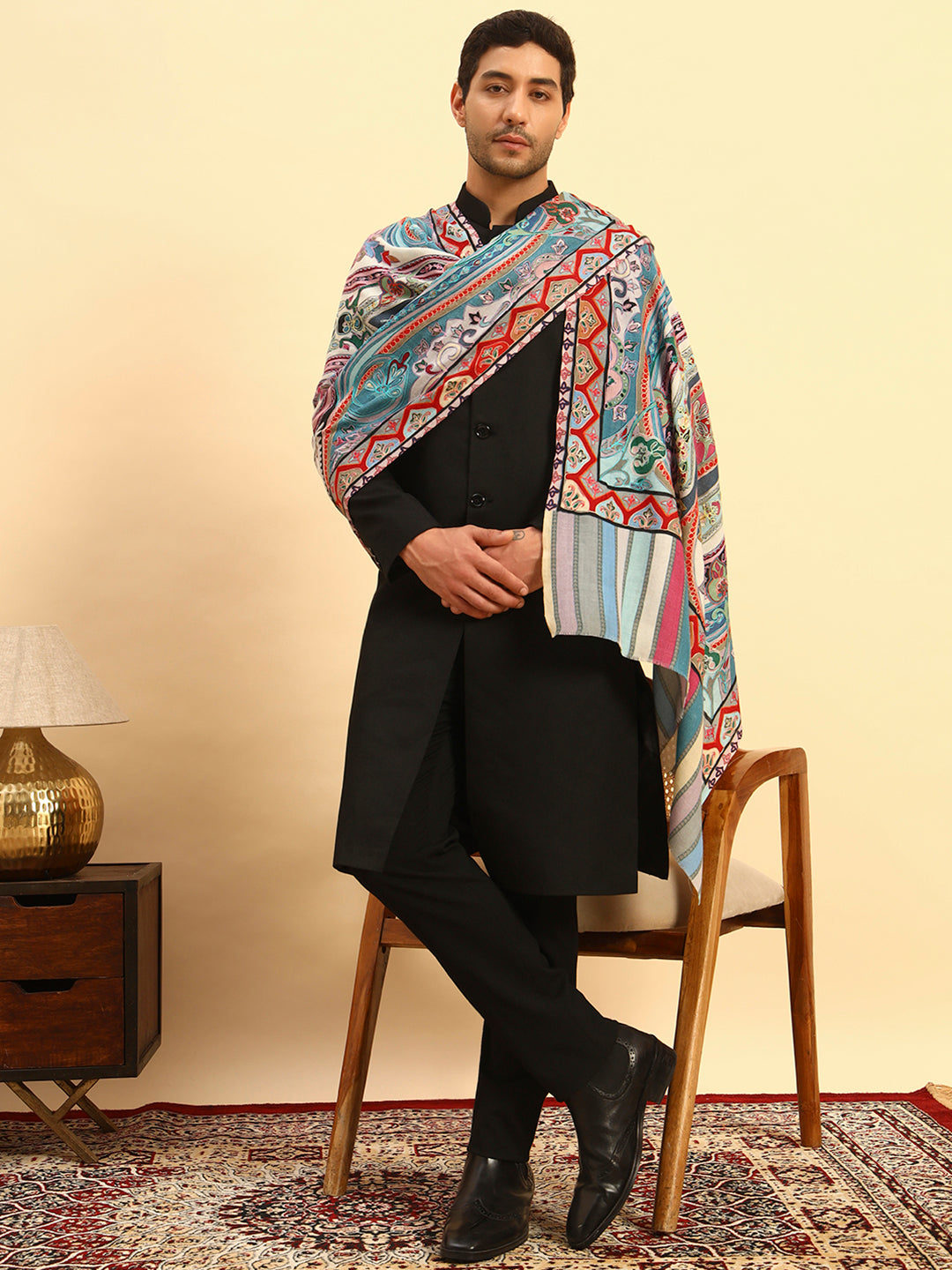 Pashmoda Men Rangdil 100% Pure Wool Fabric Kalamkari Embroidered Stole (Size:71x203cm)