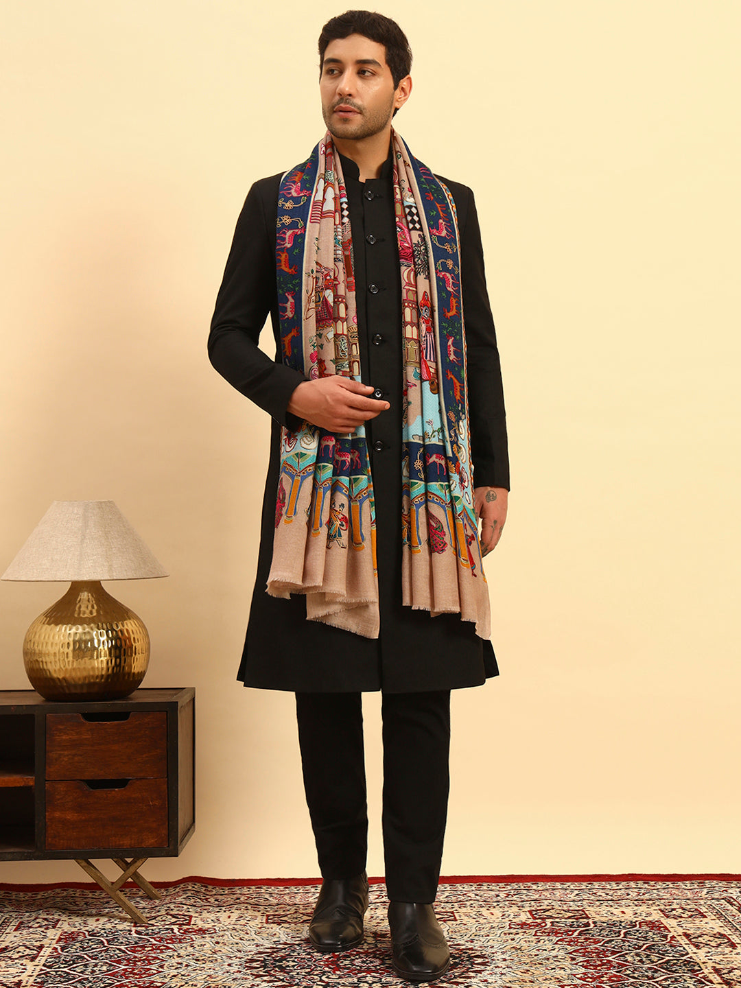 Pashmoda Men Mughal Bagh 100% Pure Wool Fabric Kalamkari Embroidered Shawl (Size: 101x203 CM)