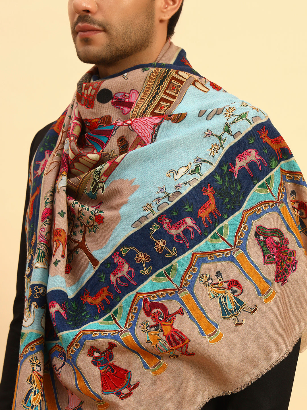 Pashmoda Men Mughal Bagh 100% Pure Wool Fabric Kalamkari Embroidered Shawl (Size: 101x203 CM)