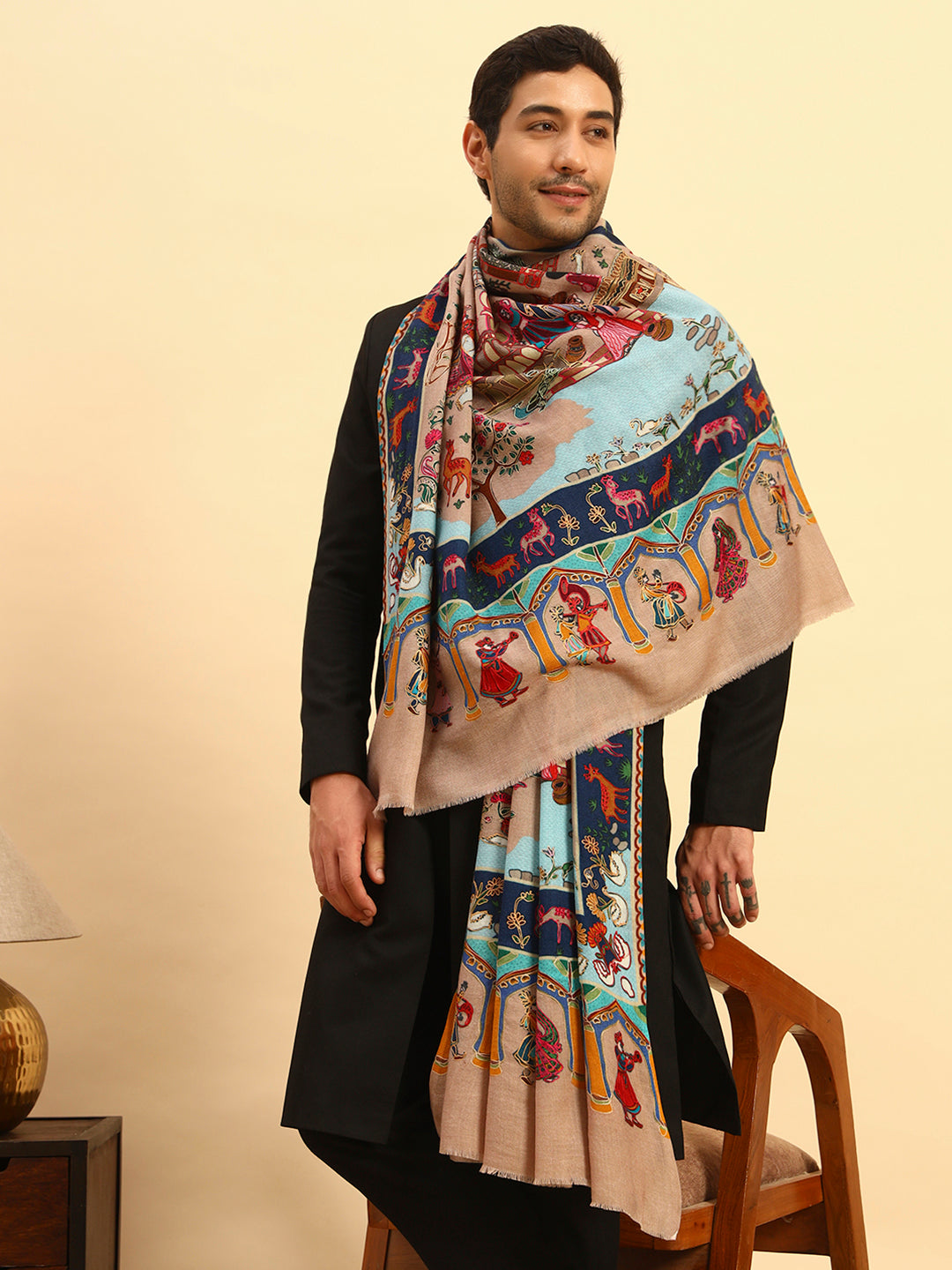 Pashmoda Men Mughal Bagh 100% Pure Wool Fabric Kalamkari Embroidered Shawl (Size: 101x203 CM)
