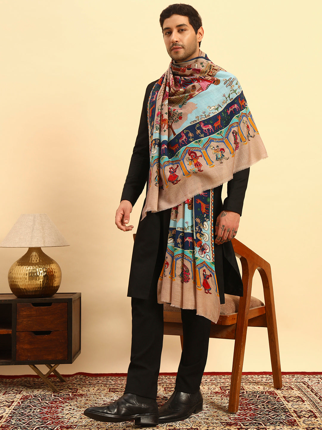 Pashmoda Men Mughal Bagh 100% Pure Wool Fabric Kalamkari Embroidered Shawl (Size: 101x203 CM)