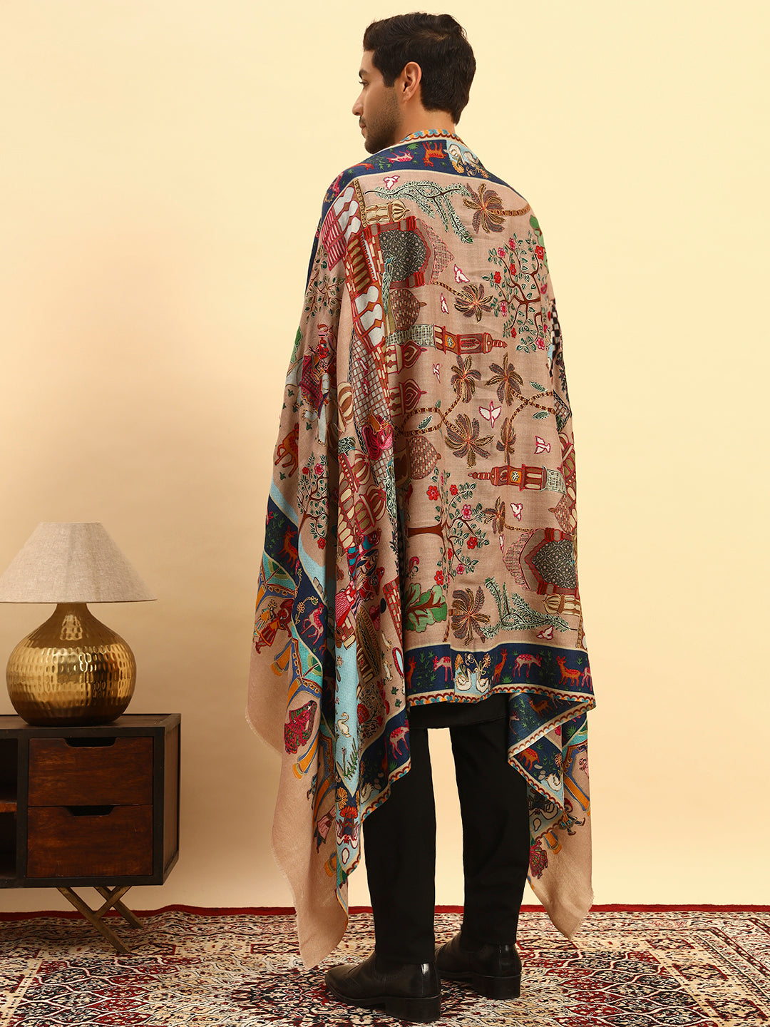 Pashmoda Men Mughal Bagh 100% Pure Wool Fabric Kalamkari Embroidered Shawl (Size: 101x203 CM)